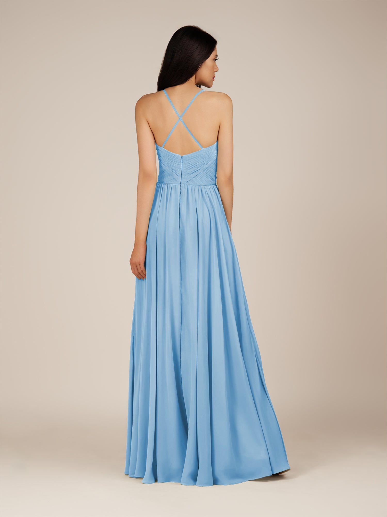 KissDress-Nolana Steel Blue A Line V Neck Chiffon Pleated Long Bridesmaid Dress