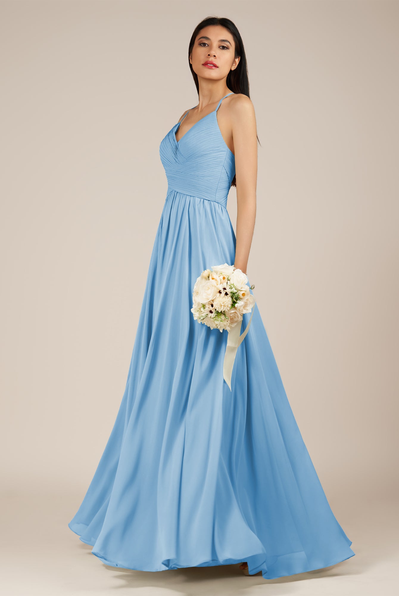 KissDress-Nolana Steel Blue A Line V Neck Chiffon Pleated Long Bridesmaid Dress