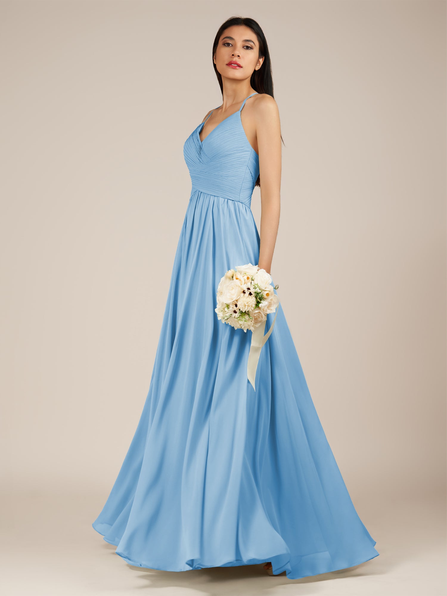 KissDress-Nolana Steel Blue A Line V Neck Chiffon Pleated Long Bridesmaid Dress