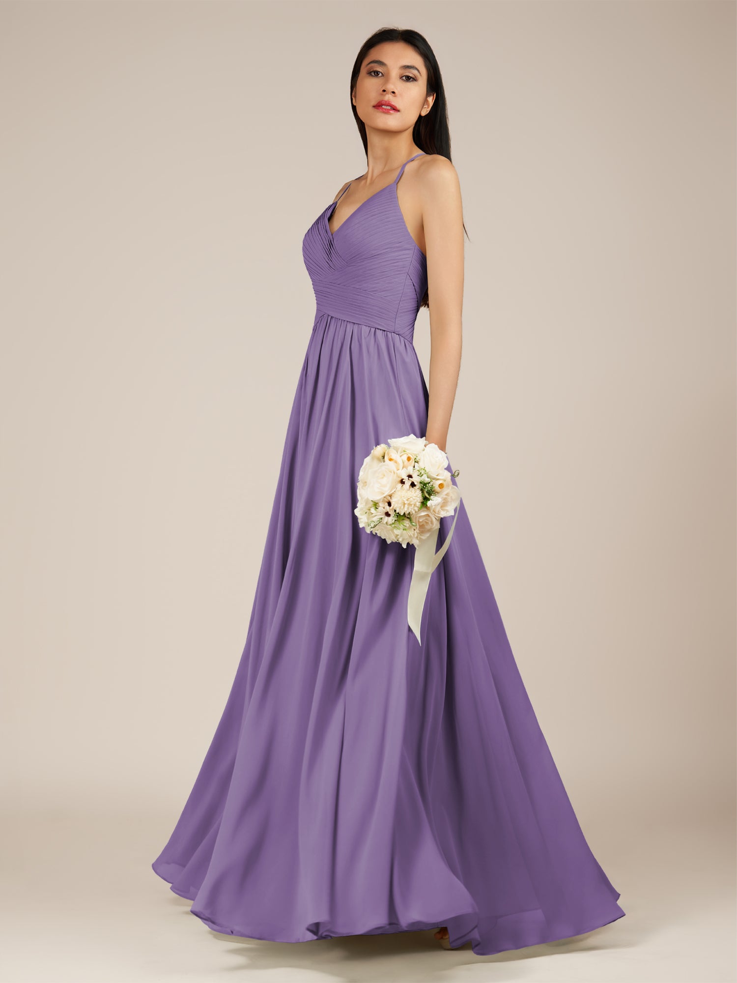 KissDress-Nolana Tahiti A Line V Neck Chiffon Pleated Long Bridesmaid Dress