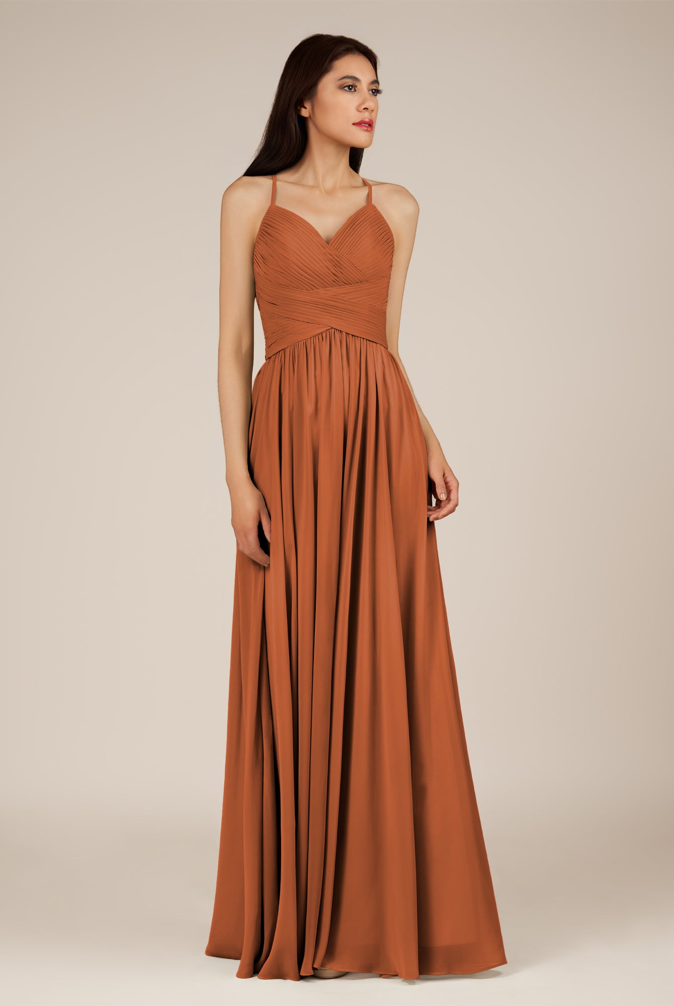 KissDress-Nolana Terracotta A Line V Neck Chiffon Pleated Long Bridesmaid Dress
