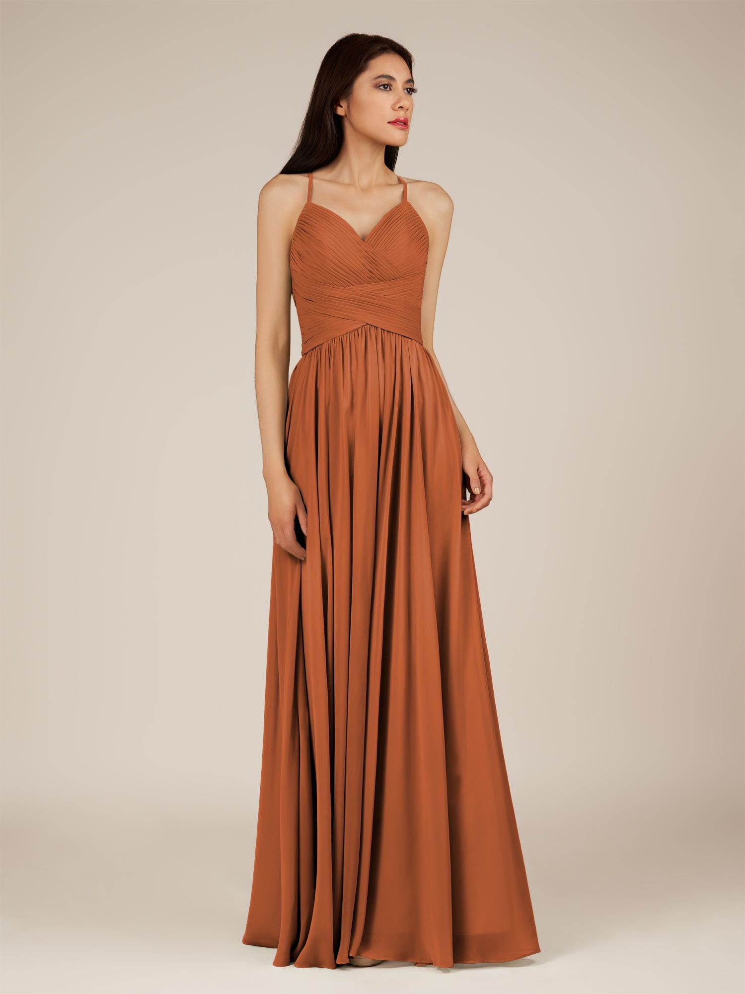 KissDress-Nolana Terracotta A Line V Neck Chiffon Pleated Long Bridesmaid Dress