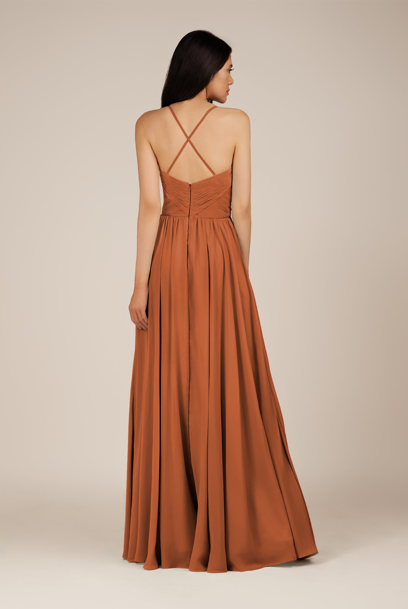 KissDress-Nolana Terracotta A Line V Neck Chiffon Pleated Long Bridesmaid Dress