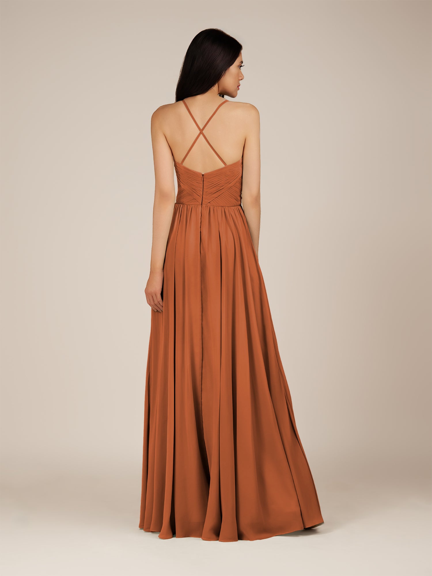 KissDress-Nolana Terracotta A Line V Neck Chiffon Pleated Long Bridesmaid Dress