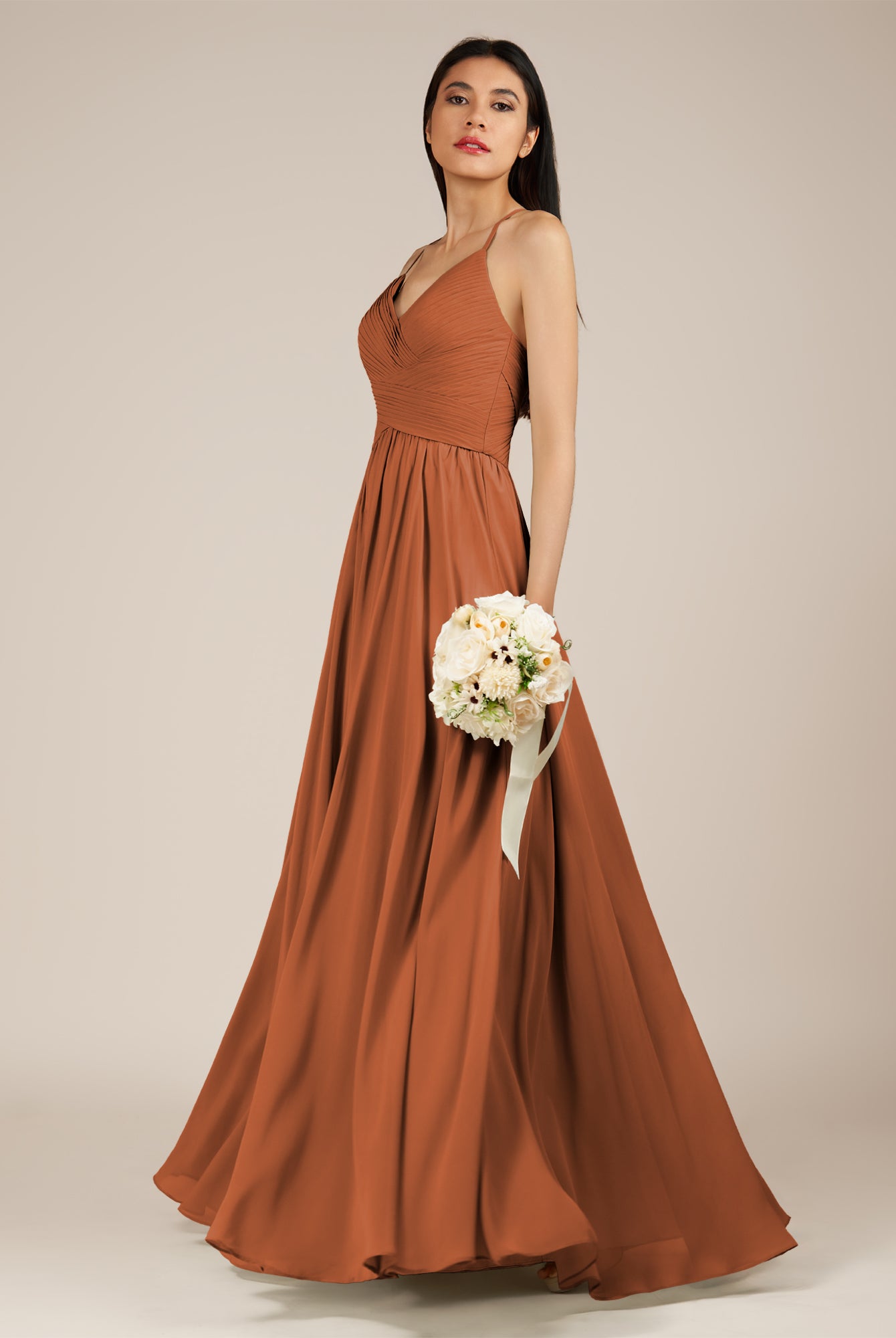 KissDress-Nolana Terracotta A Line V Neck Chiffon Pleated Long Bridesmaid Dress