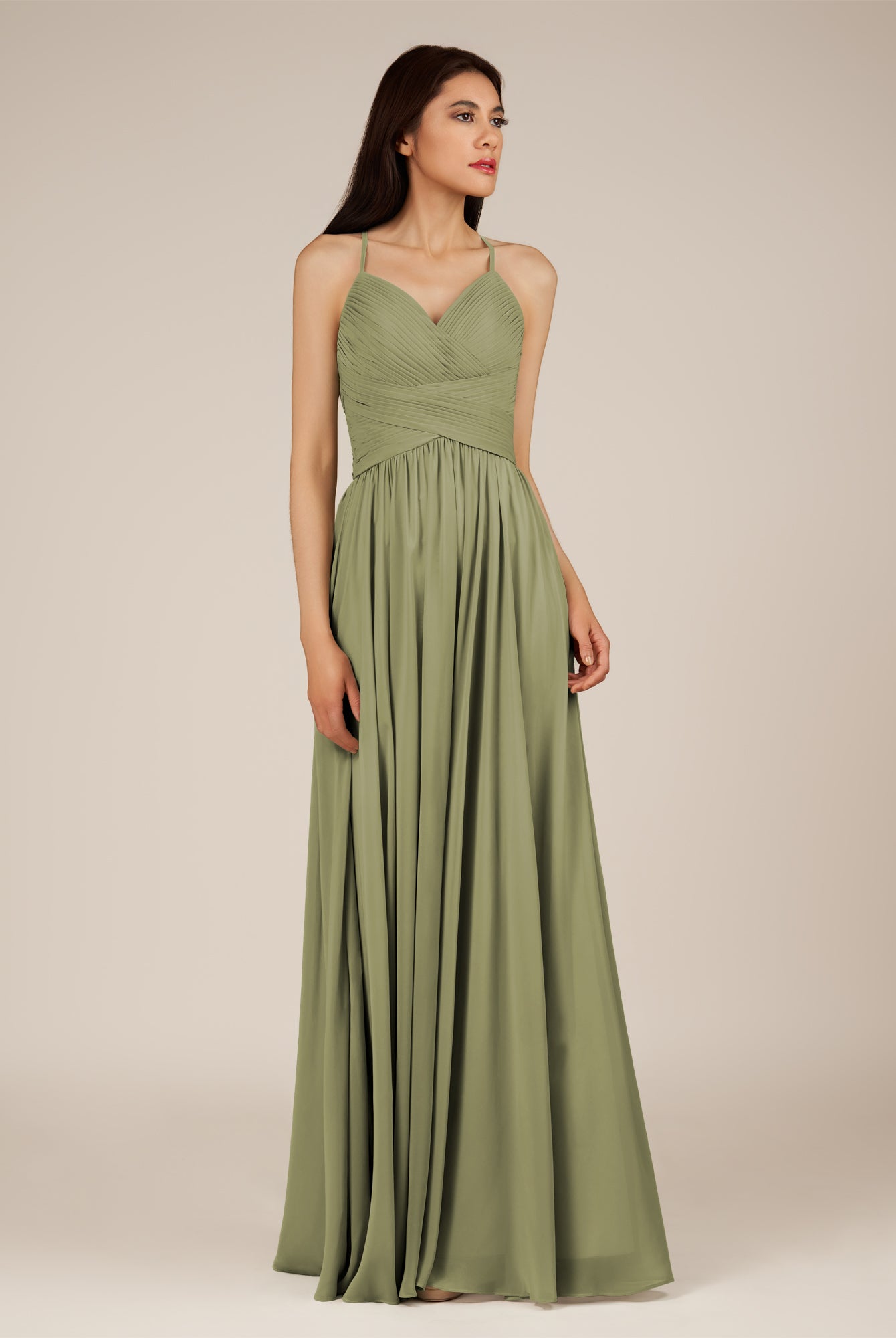KissDress-Nolana Thyme A Line V Neck Chiffon Pleated Long Bridesmaid Dress