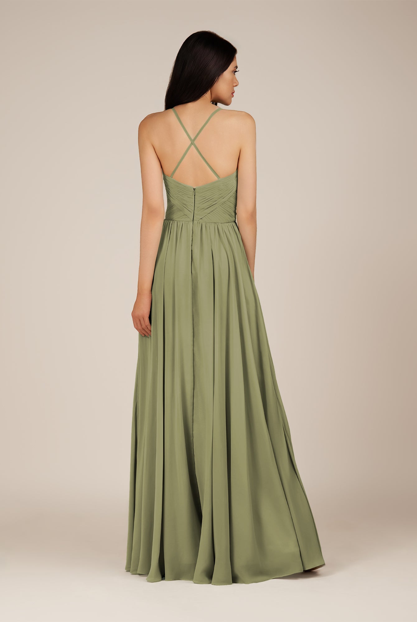 KissDress-Nolana Thyme A Line V Neck Chiffon Pleated Long Bridesmaid Dress