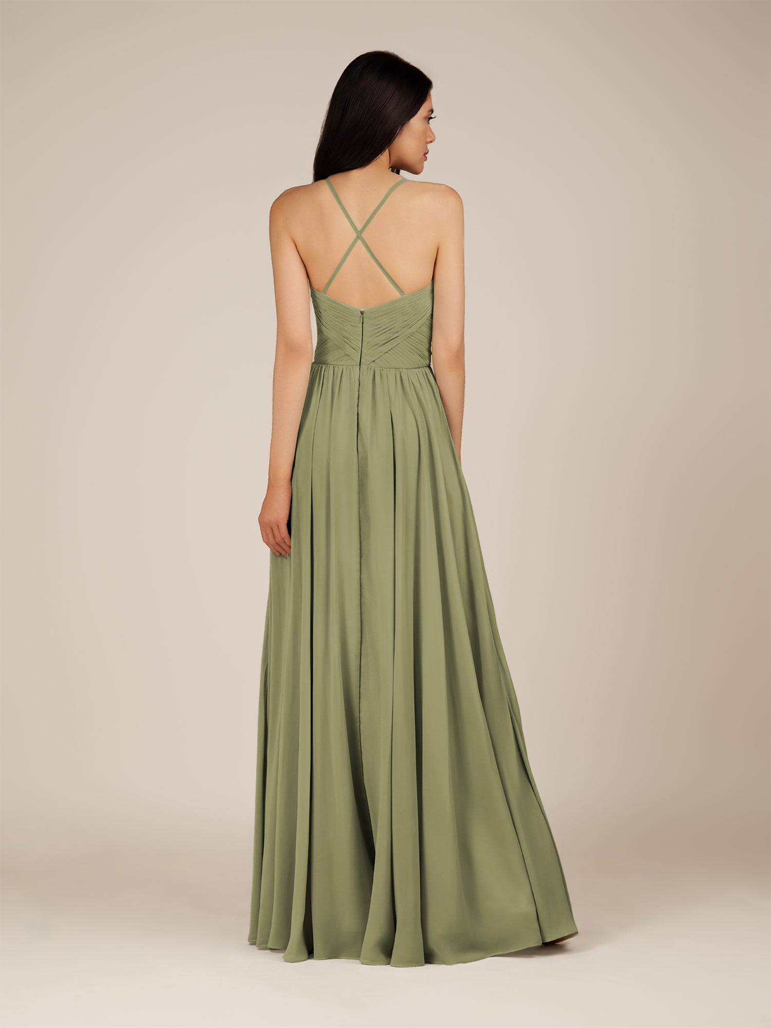 KissDress-Nolana Thyme A Line V Neck Chiffon Pleated Long Bridesmaid Dress