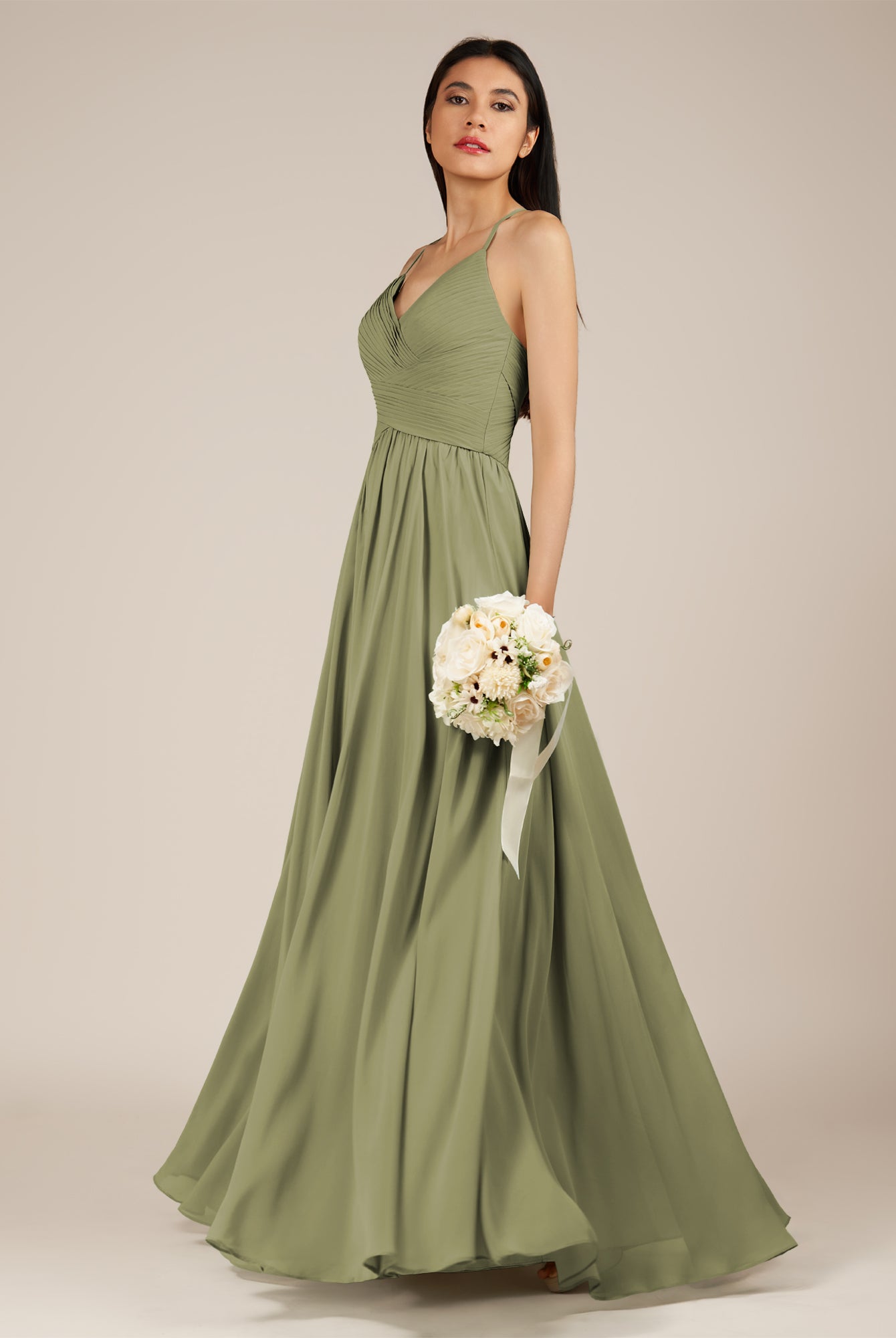 KissDress-Nolana Thyme A Line V Neck Chiffon Pleated Long Bridesmaid Dress