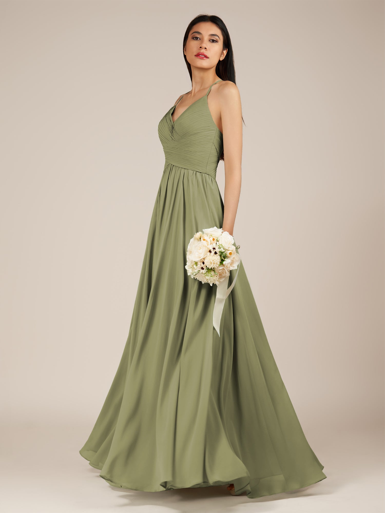 KissDress-Nolana Thyme A Line V Neck Chiffon Pleated Long Bridesmaid Dress