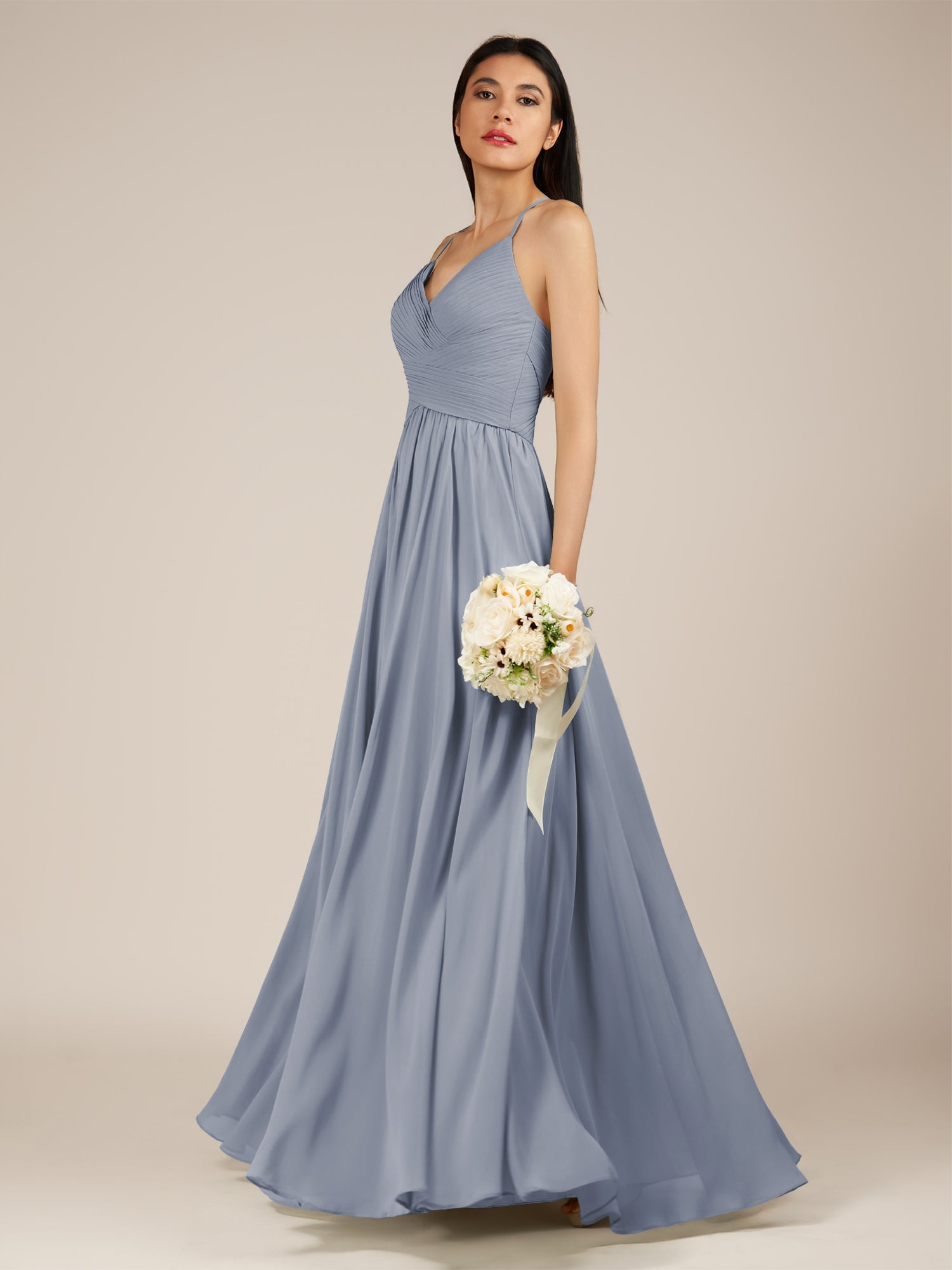 KissDress-Nolana Twilight A Line V Neck Chiffon Pleated Long Bridesmaid Dress