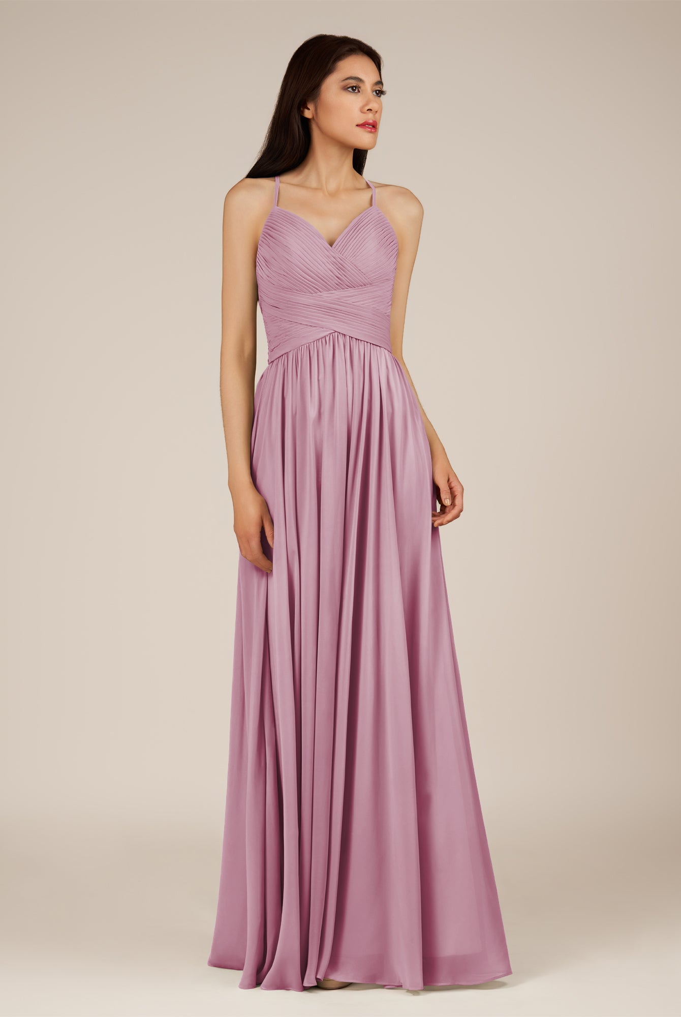 KissDress-Nolana Vintage Mauve A Line V Neck Chiffon Pleated Long Bridesmaid Dress