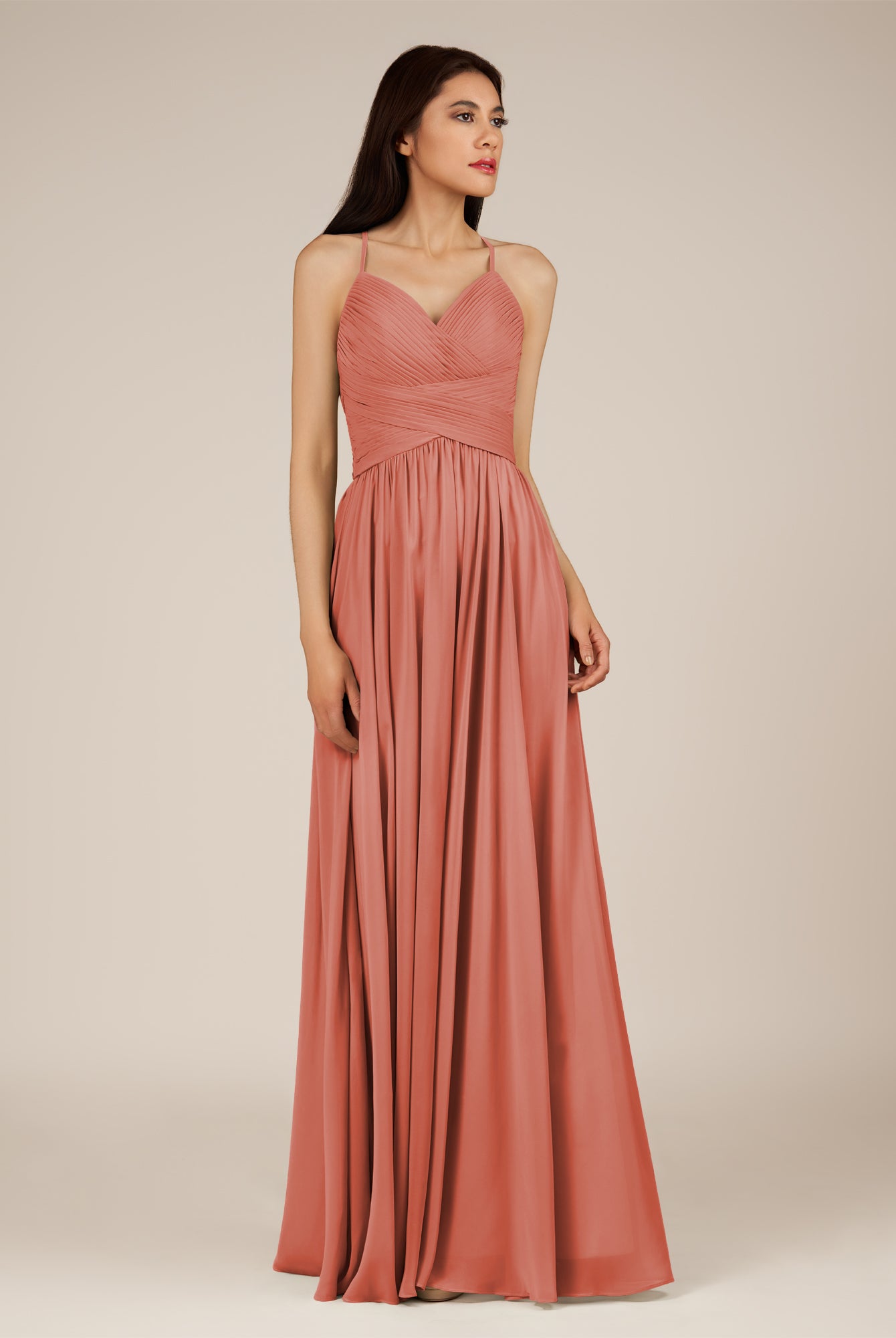 KissDress-Nolana Wild Rose A Line V Neck Chiffon Pleated Long Bridesmaid Dress