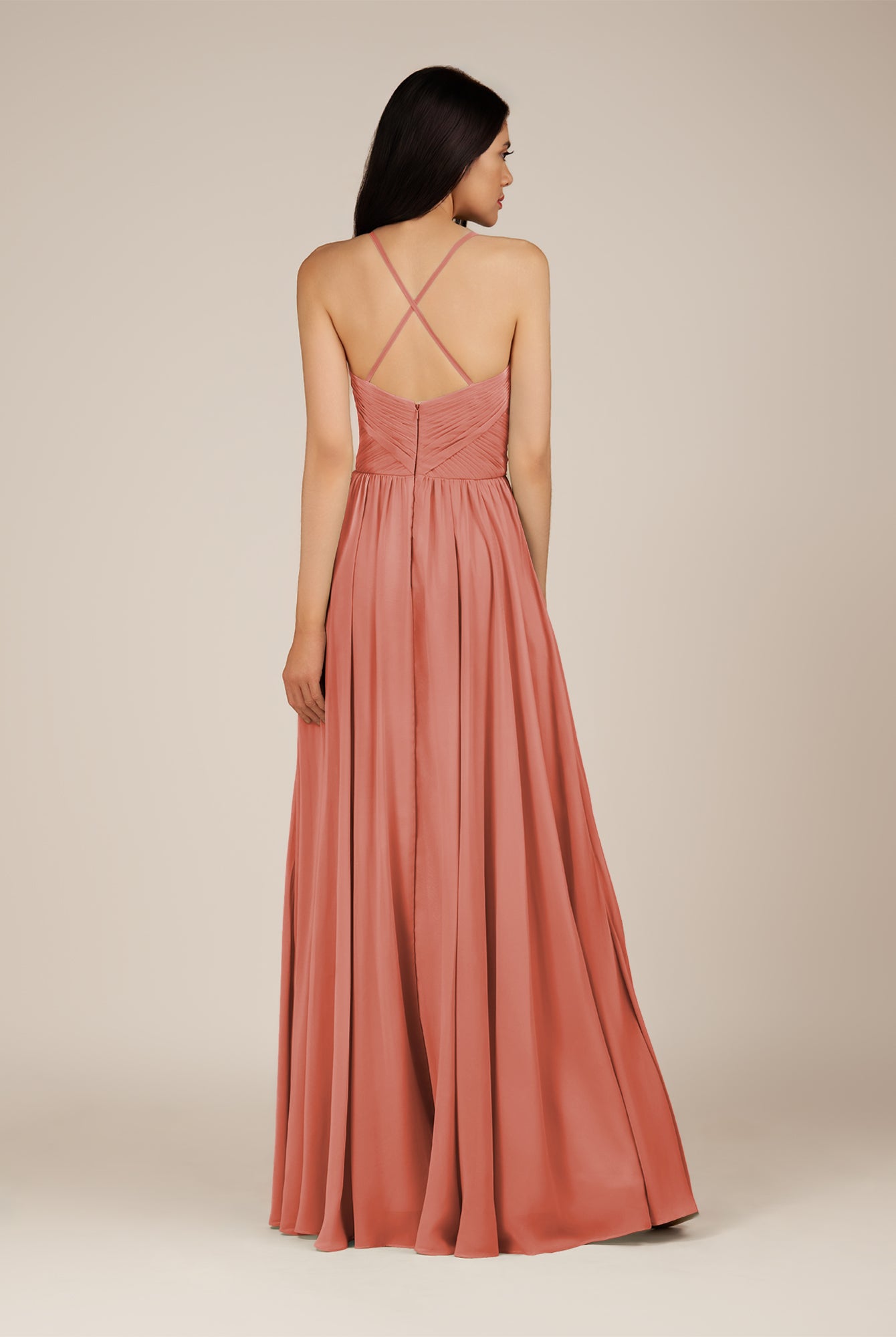 KissDress-Nolana Wild Rose A Line V Neck Chiffon Pleated Long Bridesmaid Dress