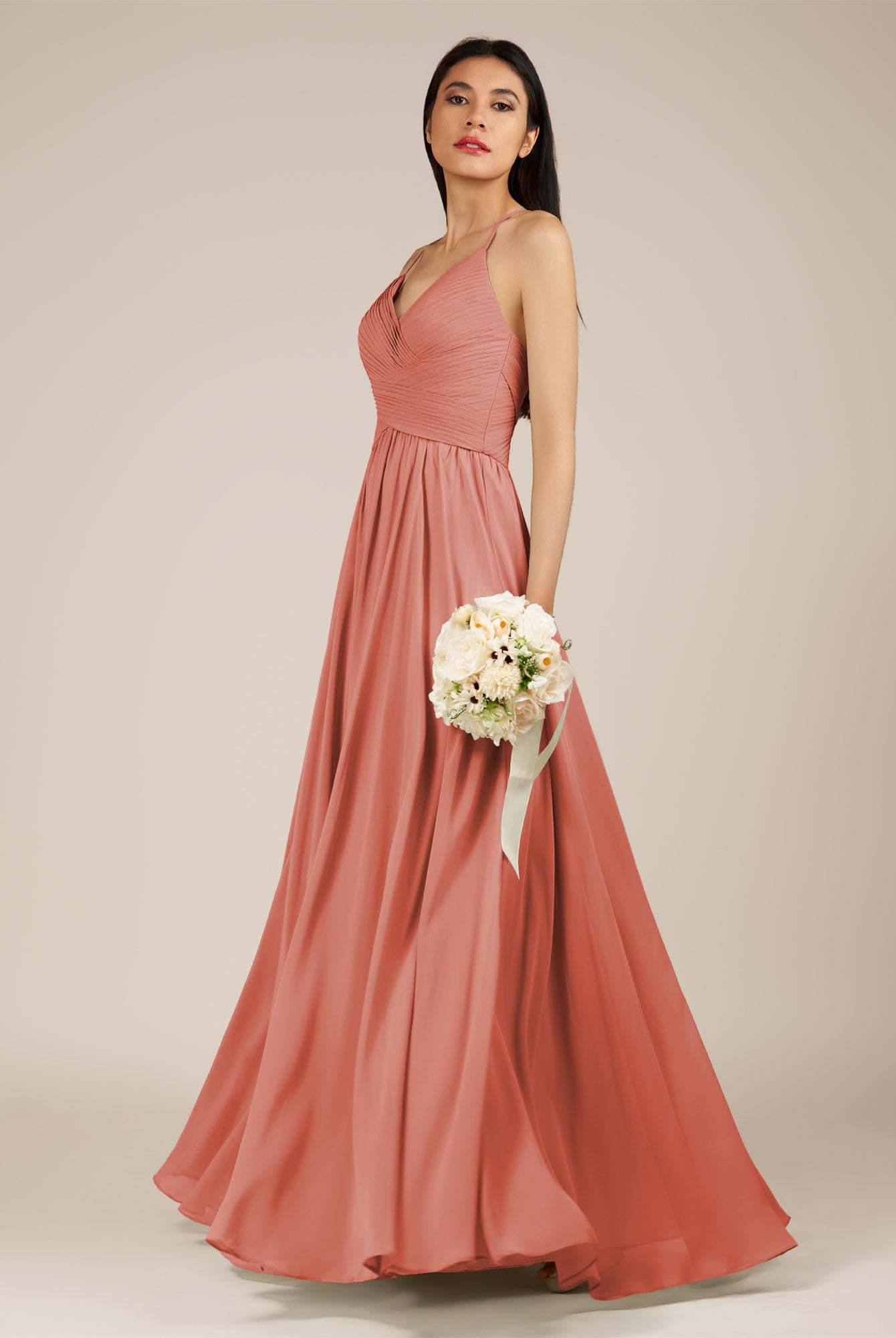 KissDress-Nolana Wild Rose A Line V Neck Chiffon Pleated Long Bridesmaid Dress