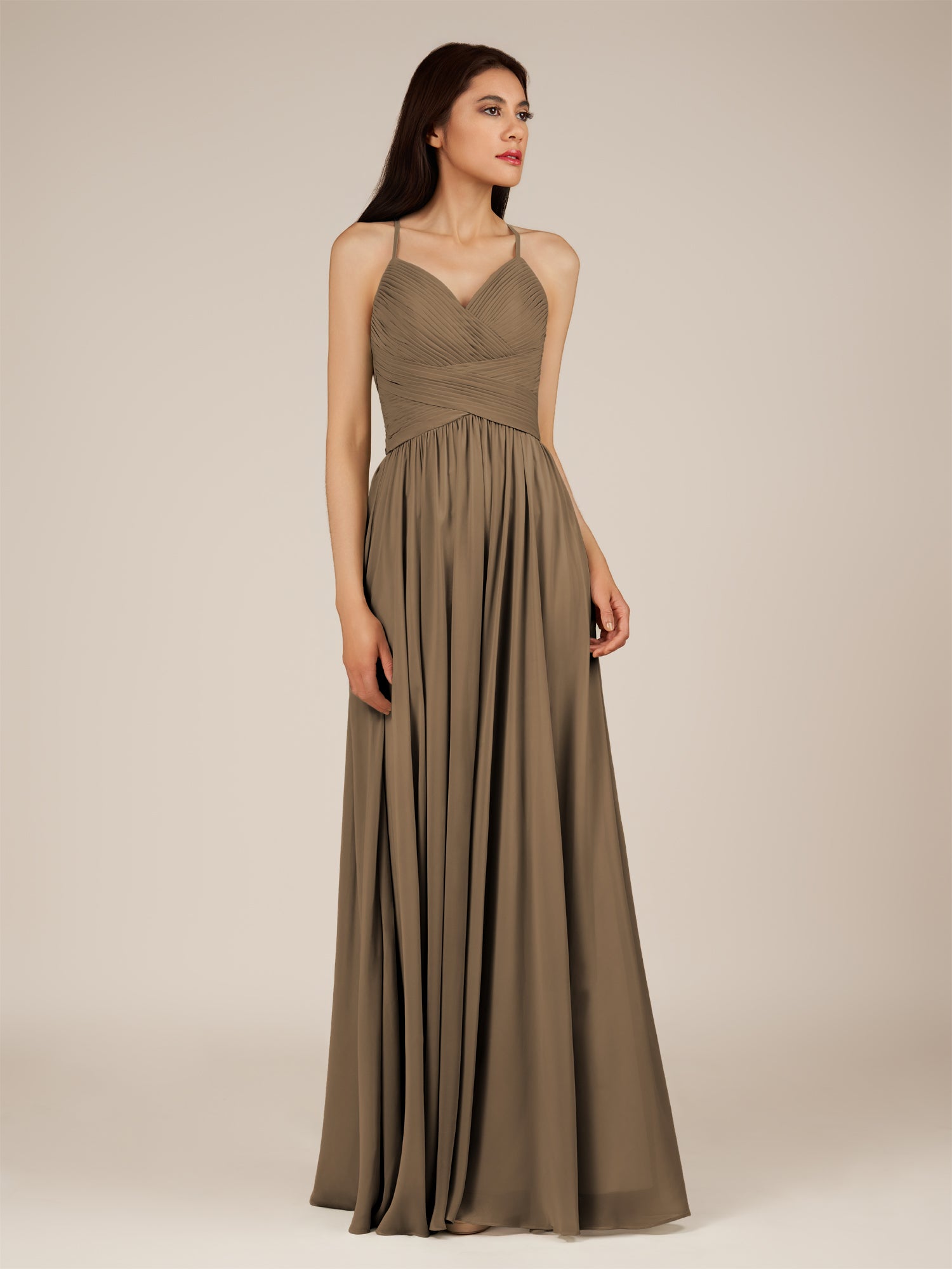 KissDress-Nolana Willow Green A Line V Neck Chiffon Pleated Long Bridesmaid Dress