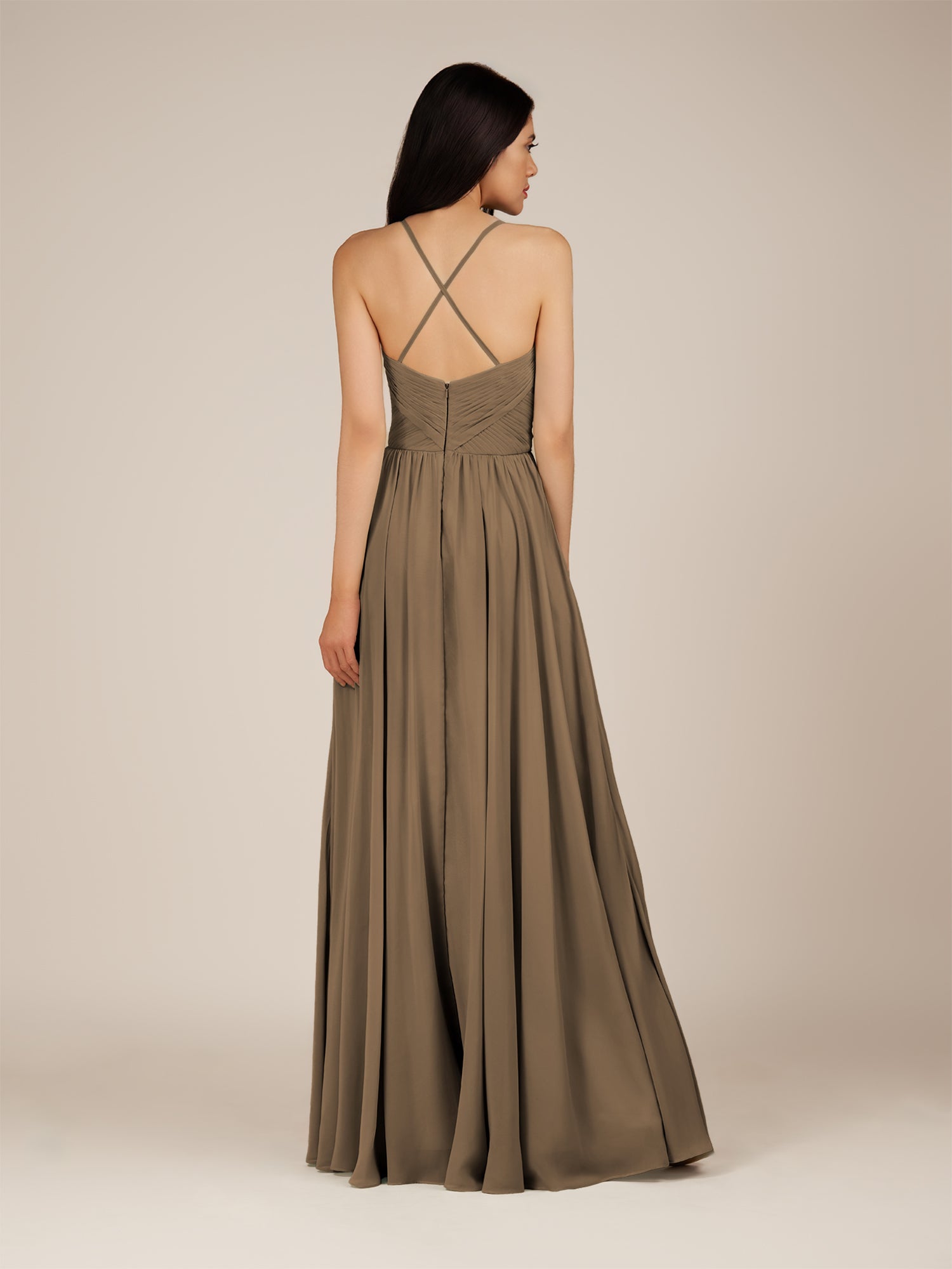 KissDress-Nolana Willow Green A Line V Neck Chiffon Pleated Long Bridesmaid Dress