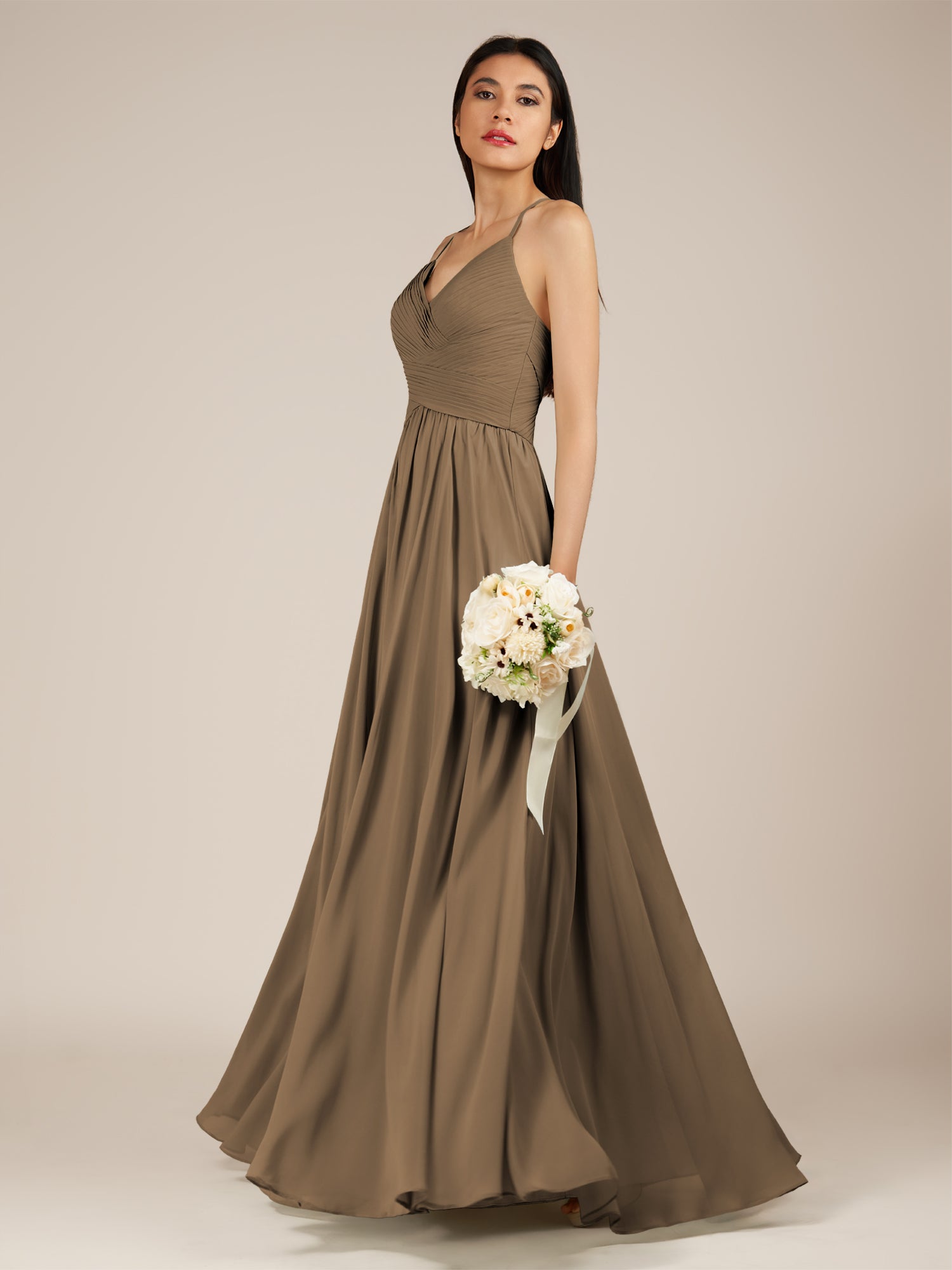 KissDress-Nolana Willow Green A Line V Neck Chiffon Pleated Long Bridesmaid Dress