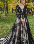 Non-Traditional Gothic Black and White Boho Lace Wedding Dress Flowy Forest Sleeved Backless Bridal Gown with Court Train