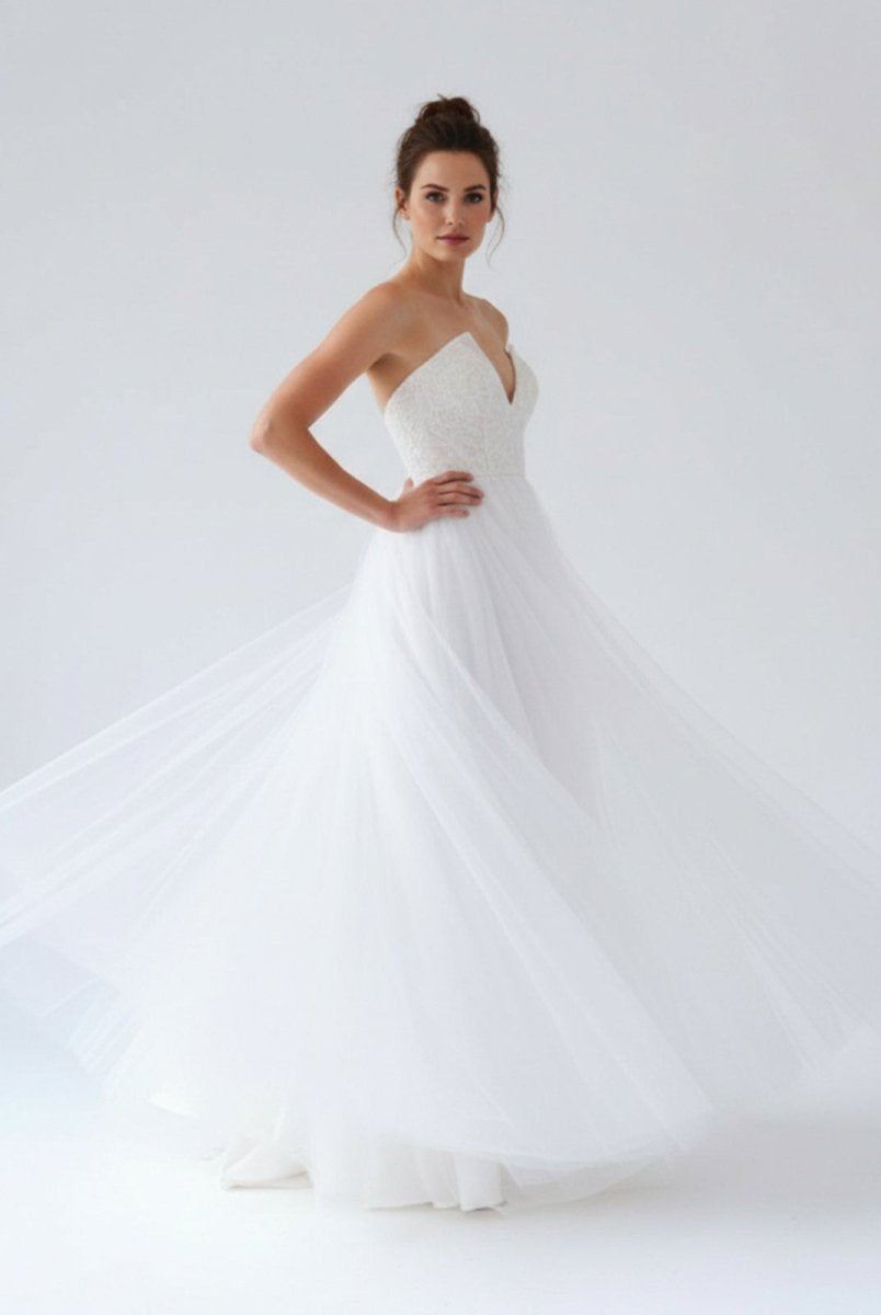 KissDress-V Neck Sleeveless A-Line Long Tulle Backless White Wedding Dress
