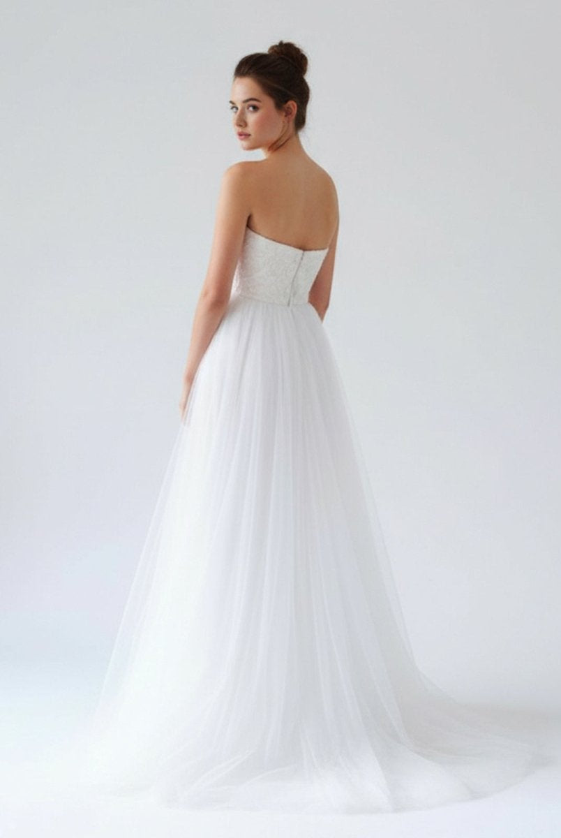 KissDress-V Neck Sleeveless A-Line Long Tulle Backless White Wedding Dress