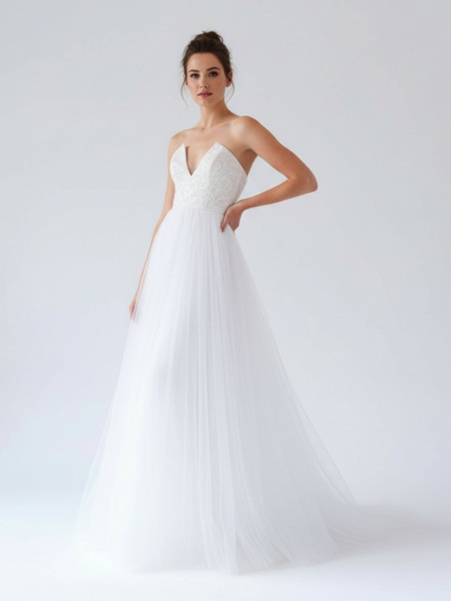 KissDress-V Neck Sleeveless A-Line Long Tulle Backless White Wedding Dress