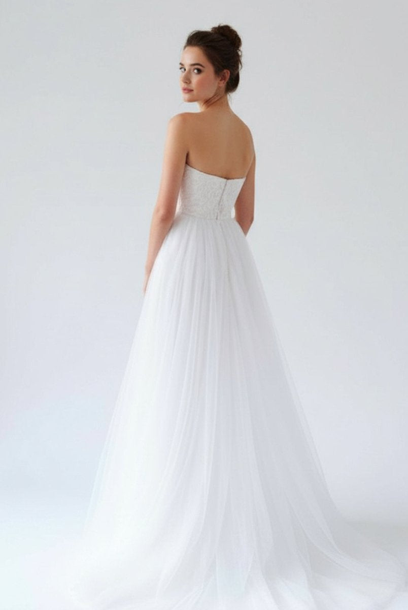 KissDress-V Neck Sleeveless A-Line Long Tulle Backless White Wedding Dress
