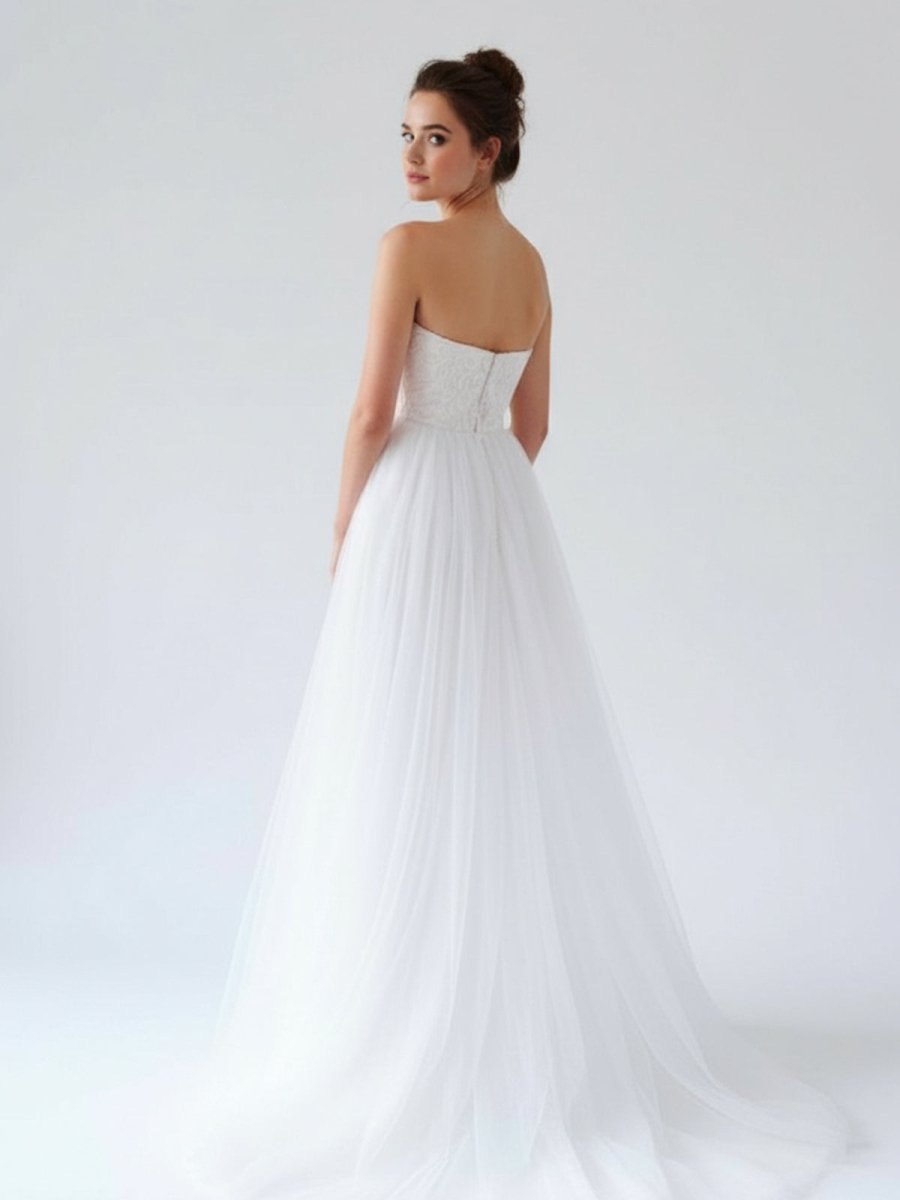 KissDress-V Neck Sleeveless A-Line Long Tulle Backless White Wedding Dress