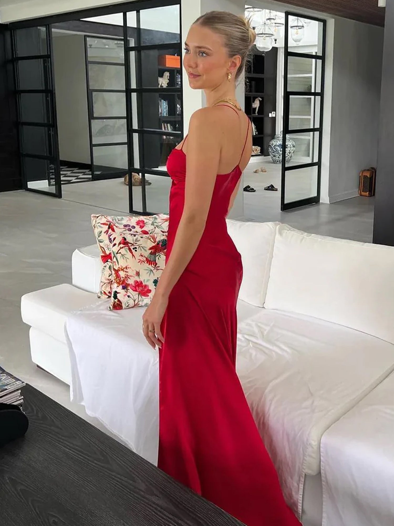 Spaghetti Straps Red Sheath Long Prom Dresses With Split