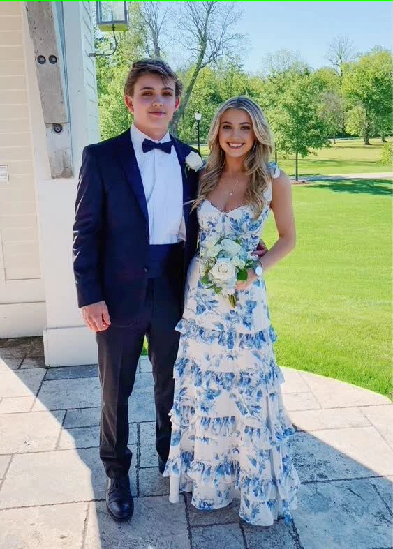 Blue Sweetheart A Line Long Floral Prom Dress