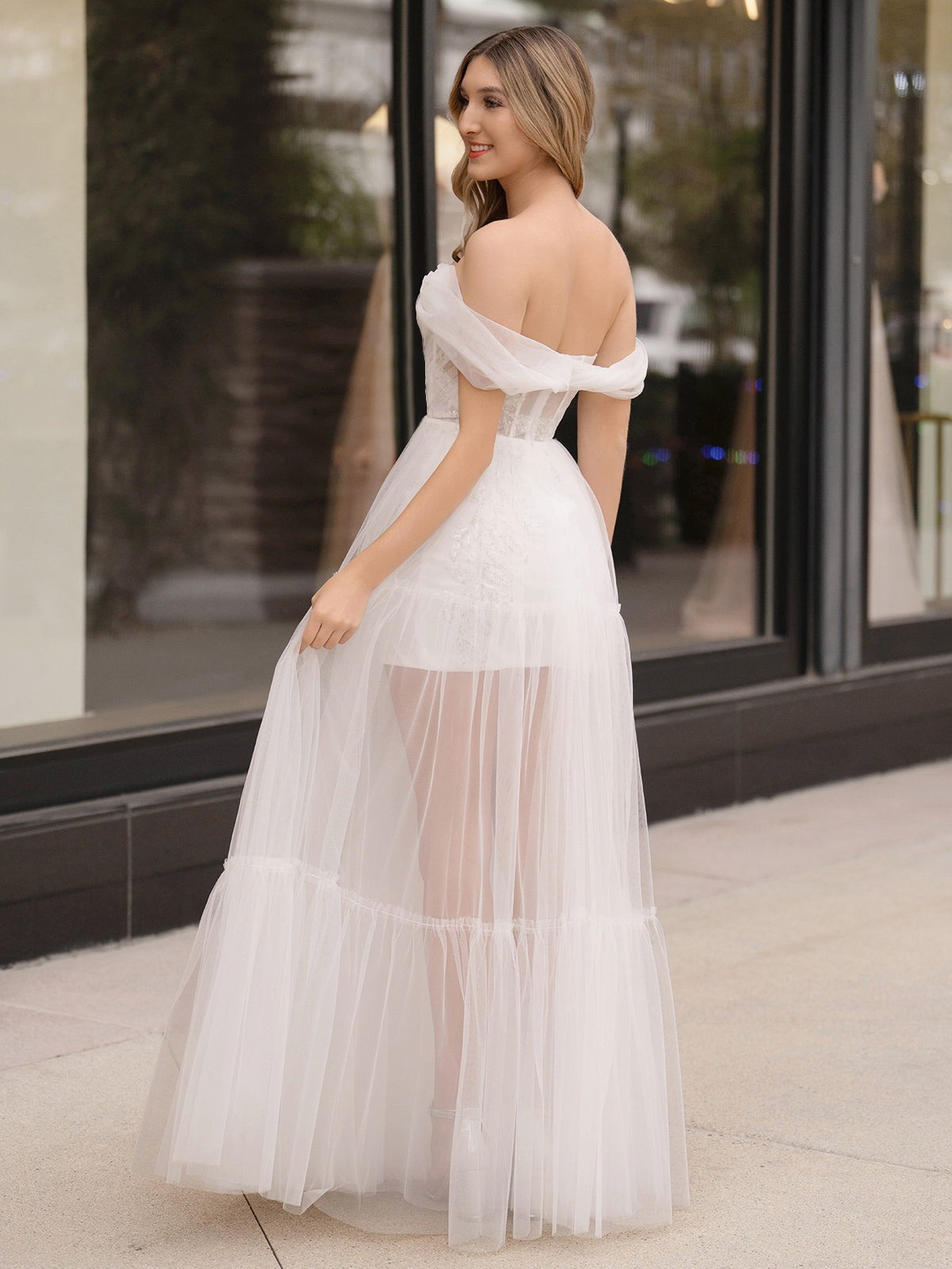 Ivory Off The Shoulder A-Line Floor Length Tulle Prom Dress