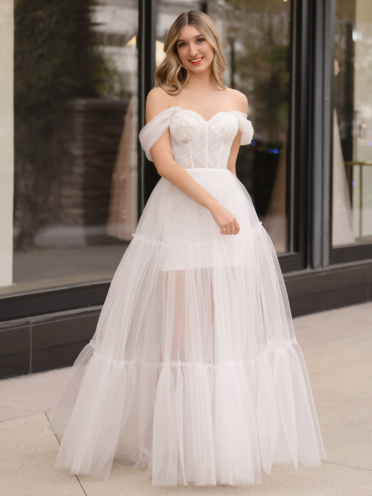 Ivory Off The Shoulder A-Line Floor Length Tulle Prom Dress