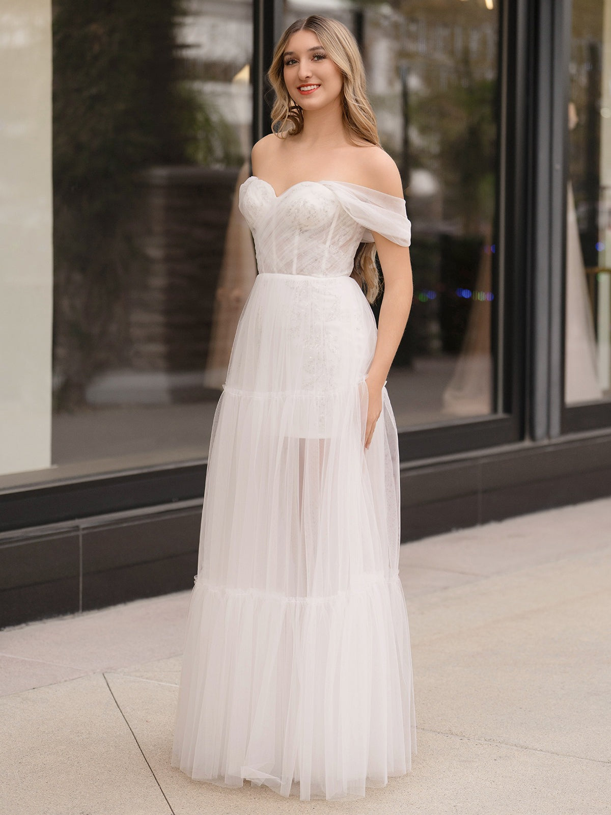 Ivory Off The Shoulder A-Line Floor Length Tulle Prom Dress