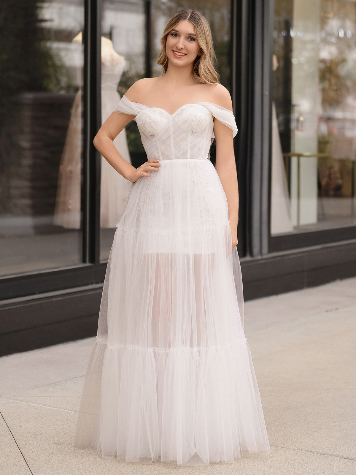 Ivory Off The Shoulder A-Line Floor Length Tulle Prom Dress