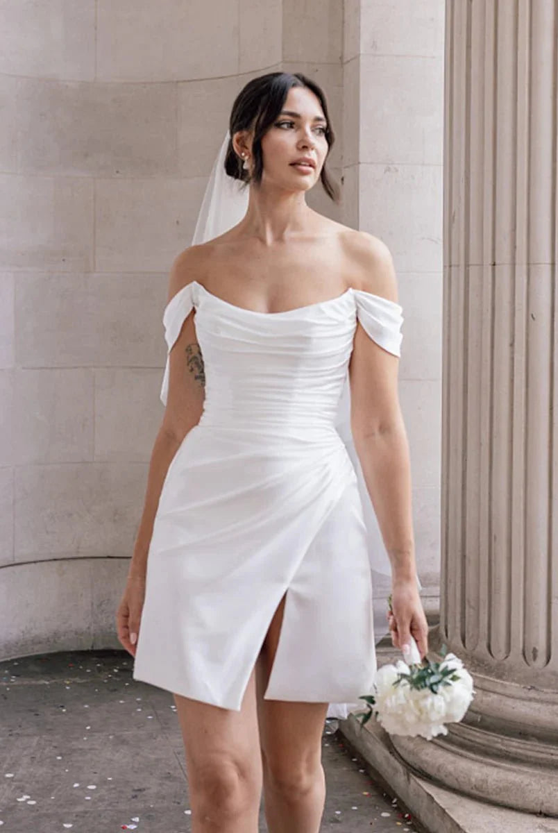 KissDress-Elody Off-the-Shoulder Short Satin Cowl Neck Simple Formal Wedding Dress With Slit