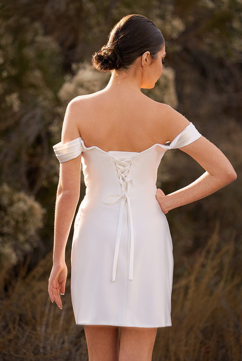 KissDress-Elody Off-the-Shoulder Short Satin Cowl Neck Simple Formal Wedding Dress With Slit