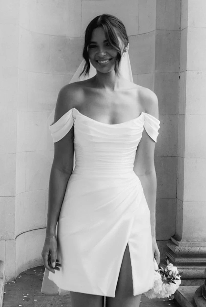 KissDress-Elody Off-the-Shoulder Short Satin Cowl Neck Simple Formal Wedding Dress With Slit