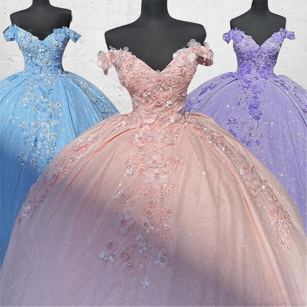 Off the Shoulder Lavender Sequin 3D Floral Quinceanera Dresses