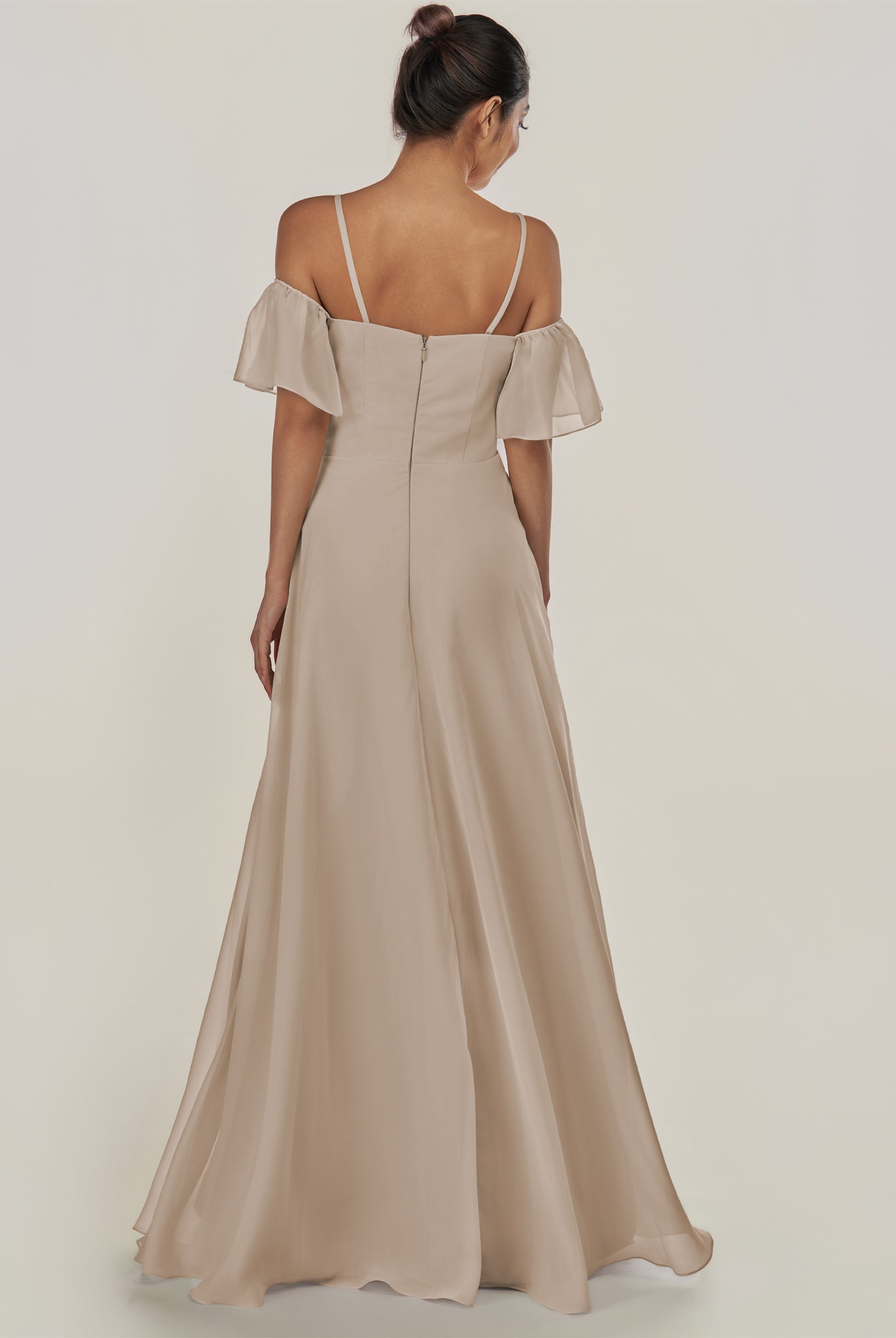 KissDress-Olia Almond A Line Chiffon Off the Shoulder Long Bridesmaid Dress with Slit