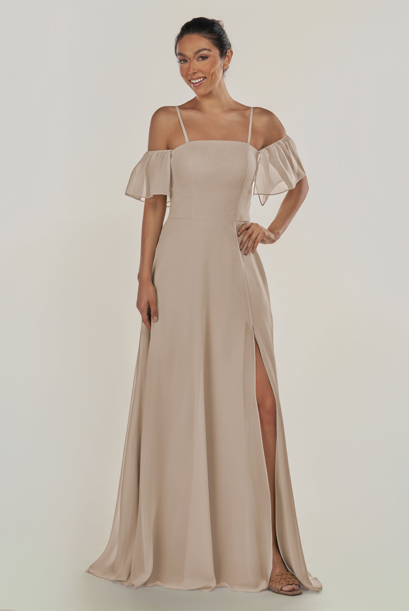 KissDress-Olia Almond A Line Chiffon Off the Shoulder Long Bridesmaid Dress with Slit