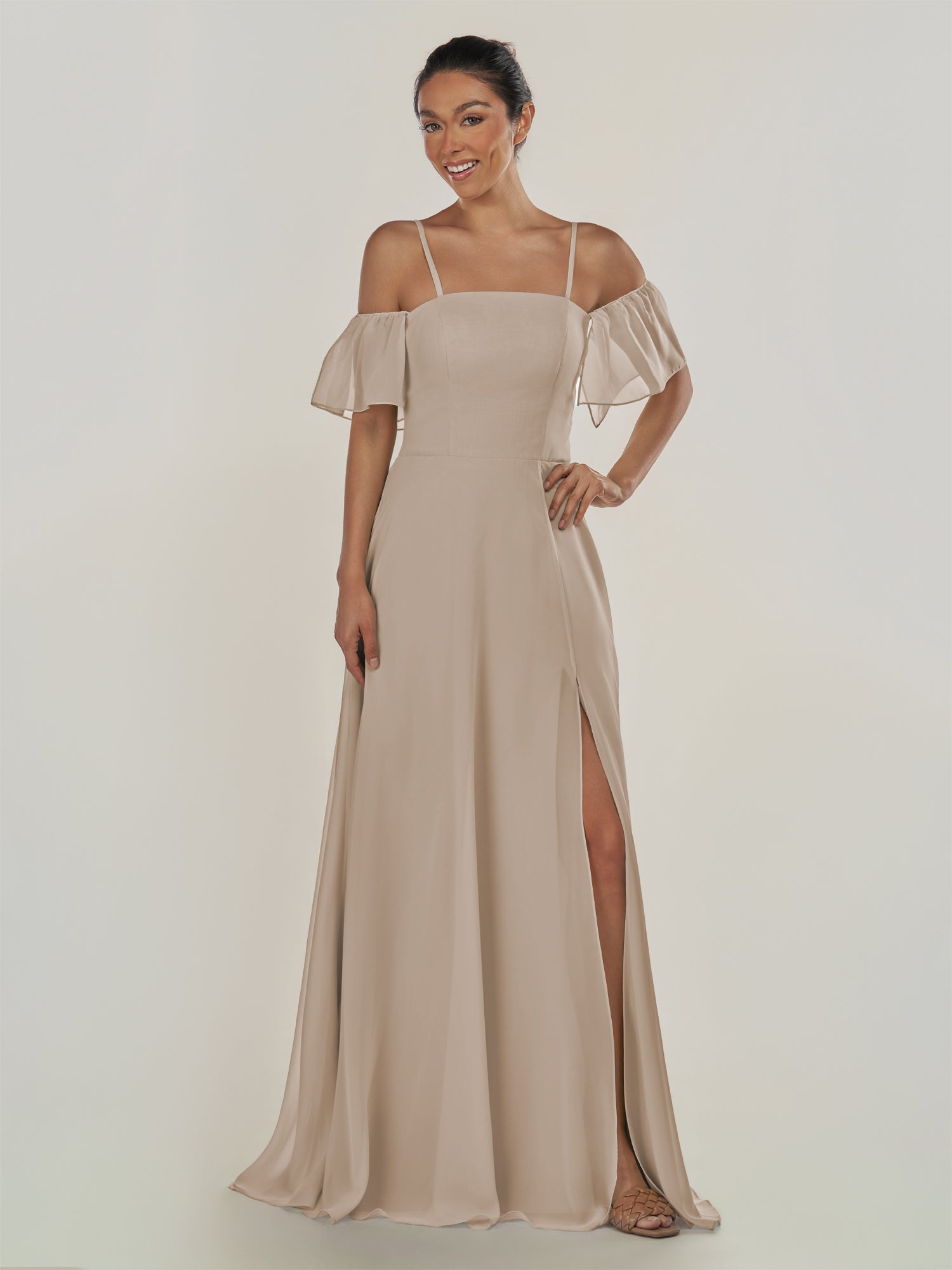 KissDress-Olia Almond A Line Chiffon Off the Shoulder Long Bridesmaid Dress with Slit