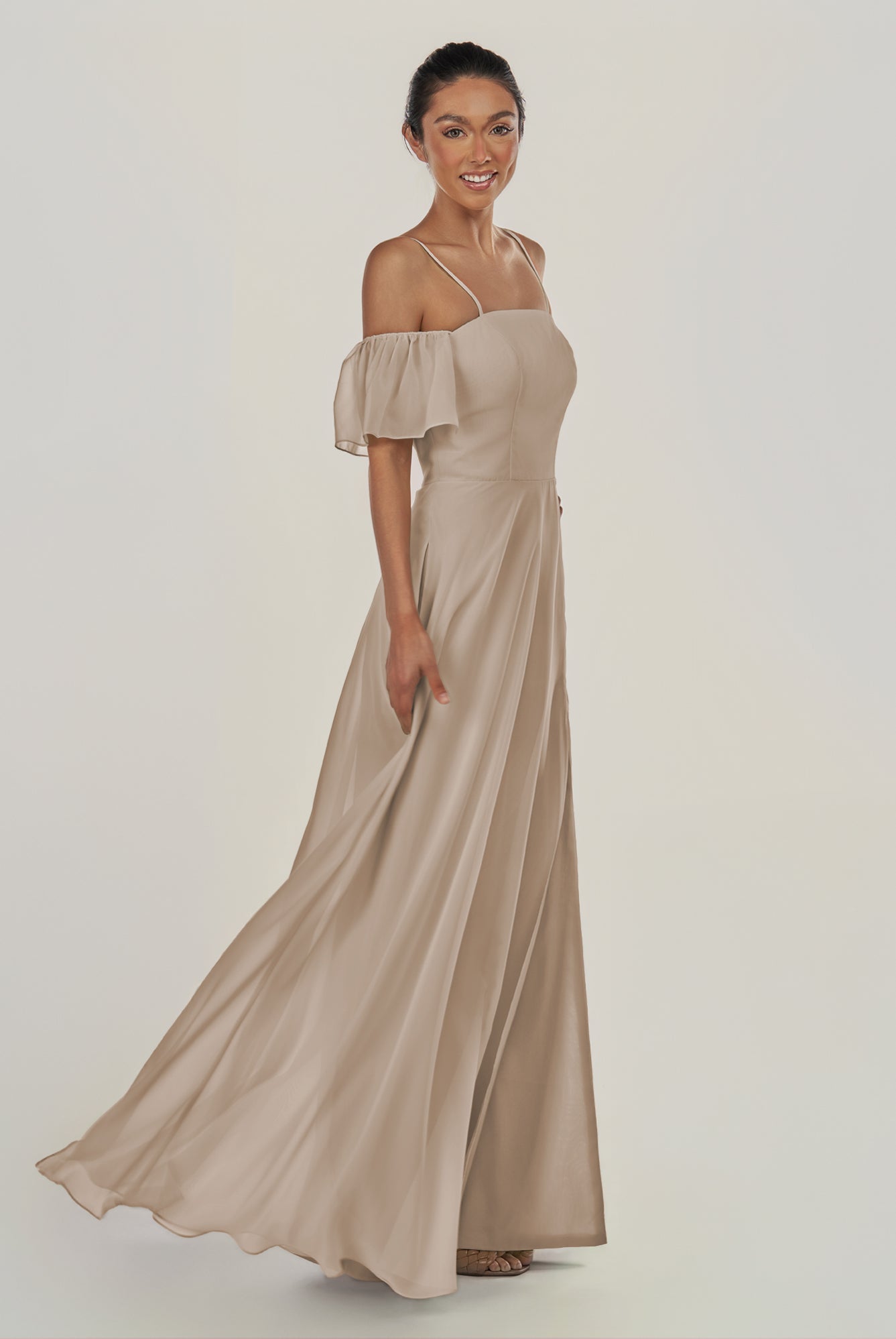 KissDress-Olia Almond A Line Chiffon Off the Shoulder Long Bridesmaid Dress with Slit