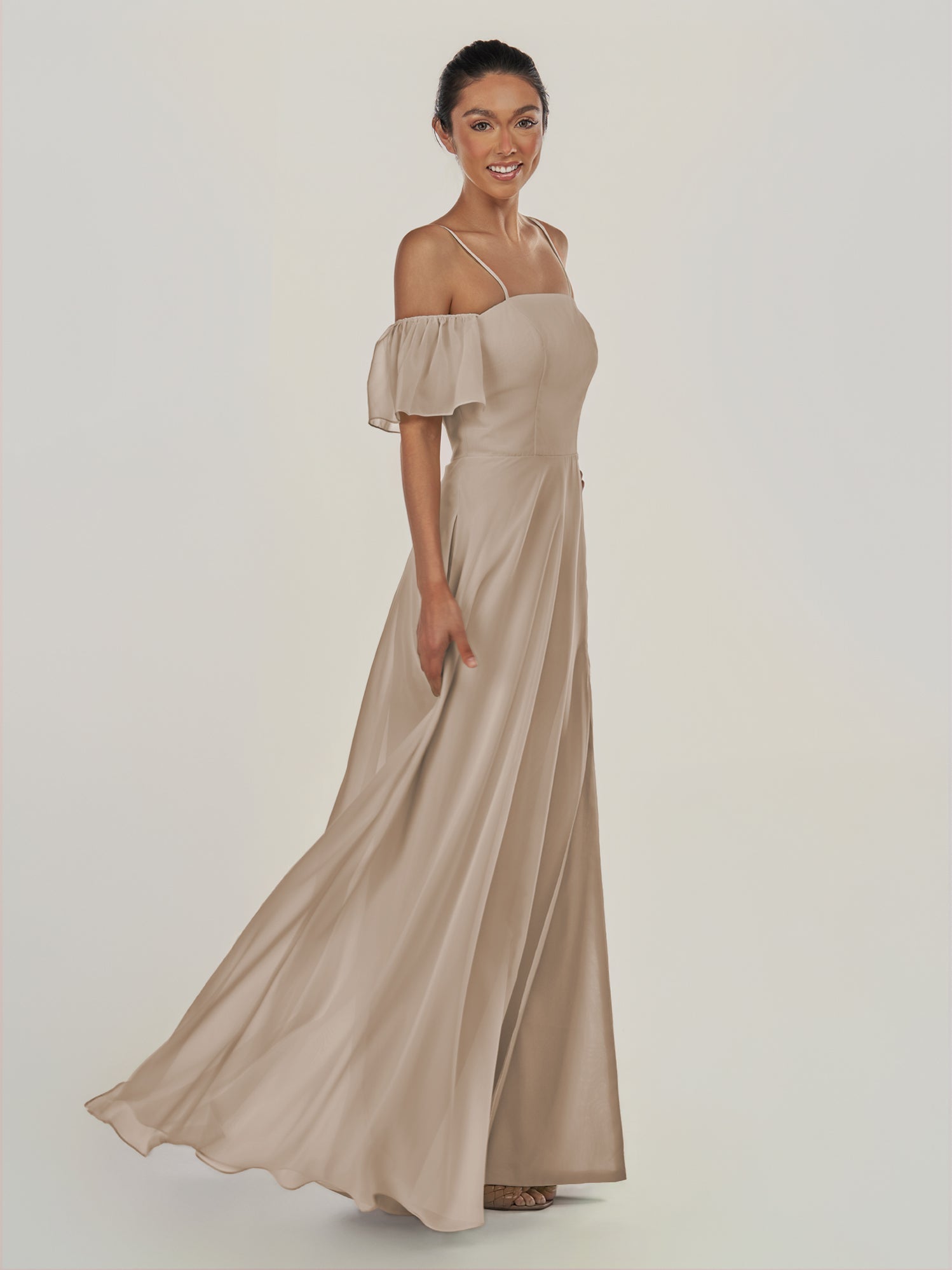 KissDress-Olia Almond A Line Chiffon Off the Shoulder Long Bridesmaid Dress with Slit