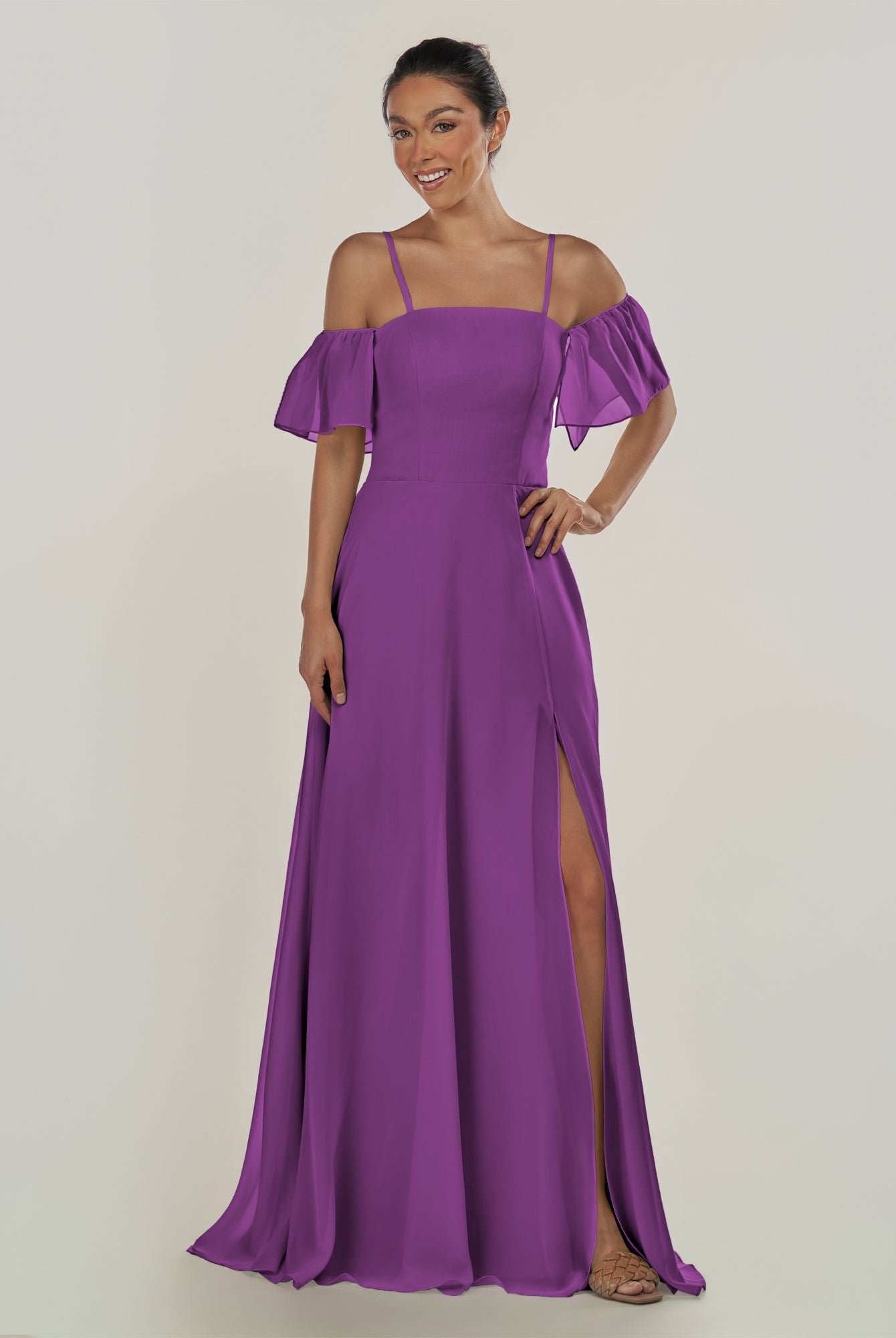 KissDress-Olia Amethyst A Line Chiffon Off the Shoulder Long Bridesmaid Dress with Slit