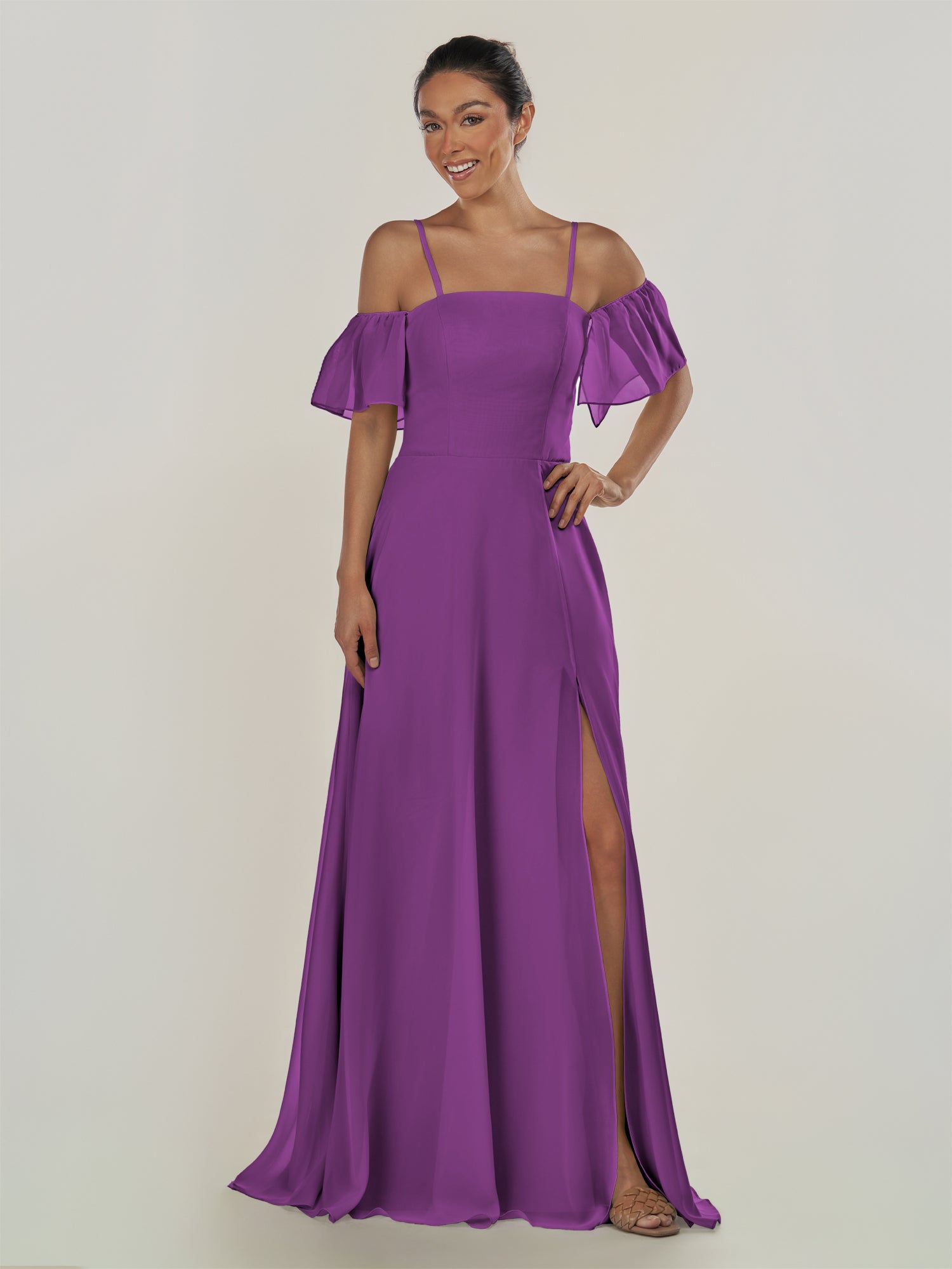 KissDress-Olia Amethyst A Line Chiffon Off the Shoulder Long Bridesmaid Dress with Slit