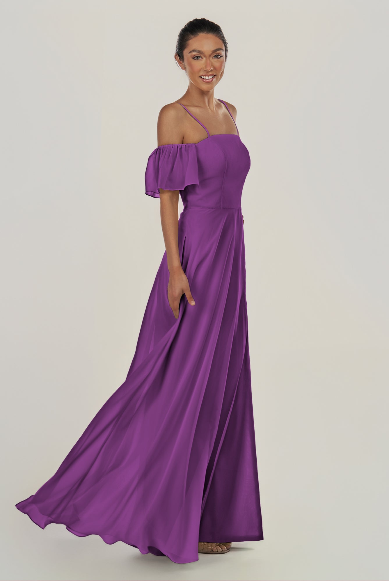 KissDress-Olia Amethyst A Line Chiffon Off the Shoulder Long Bridesmaid Dress with Slit