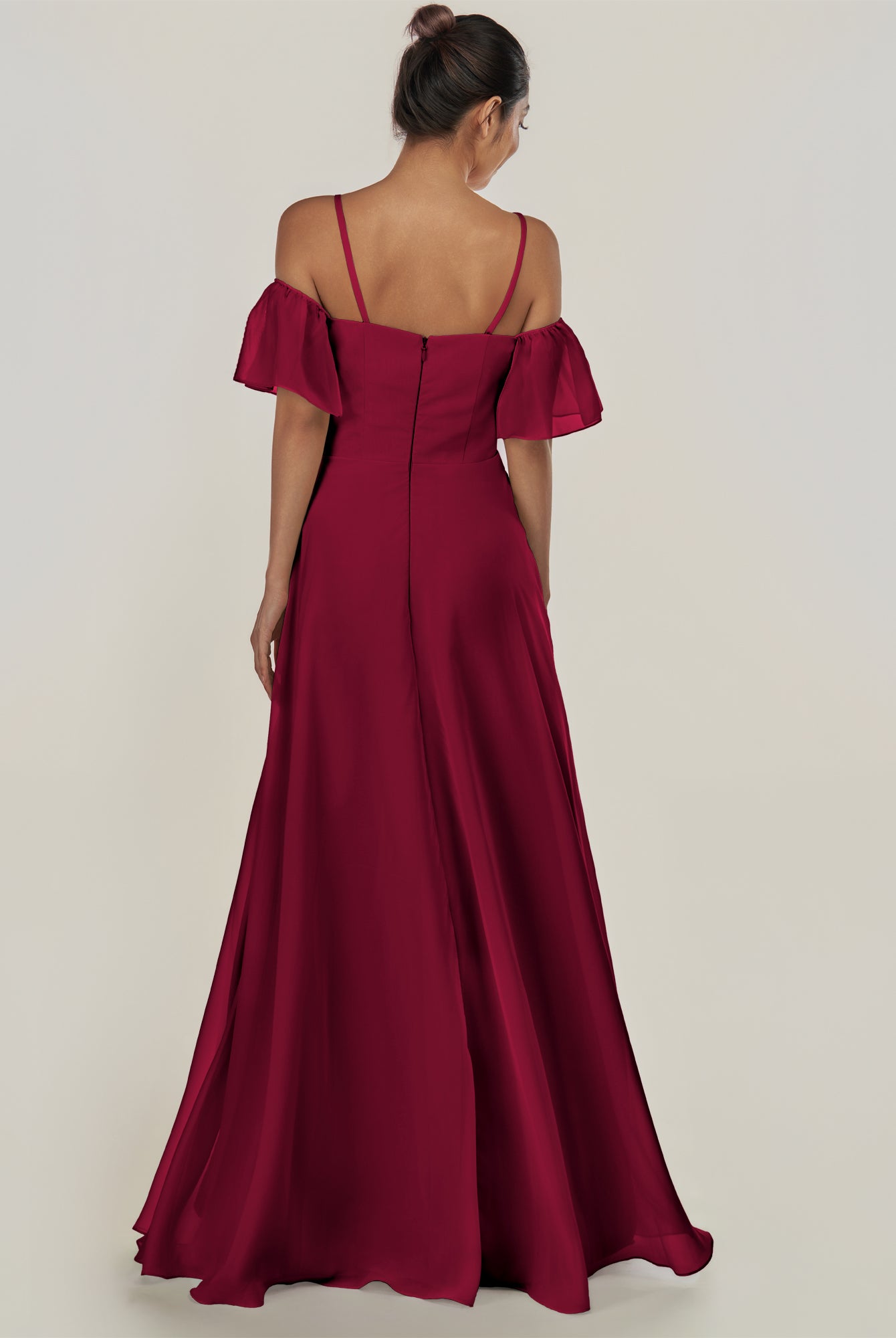 KissDress-Olia Berry A Line Chiffon Off the Shoulder Long Bridesmaid Dress with Slit