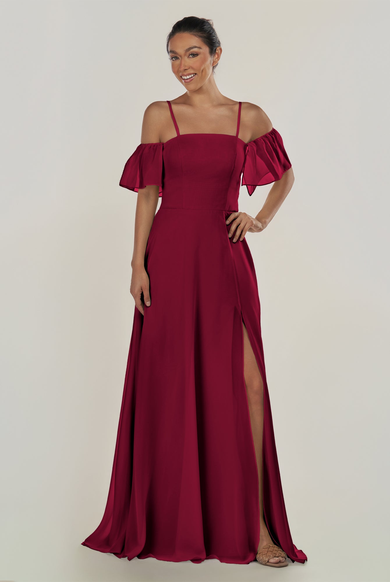 KissDress-Olia Berry A Line Chiffon Off the Shoulder Long Bridesmaid Dress with Slit
