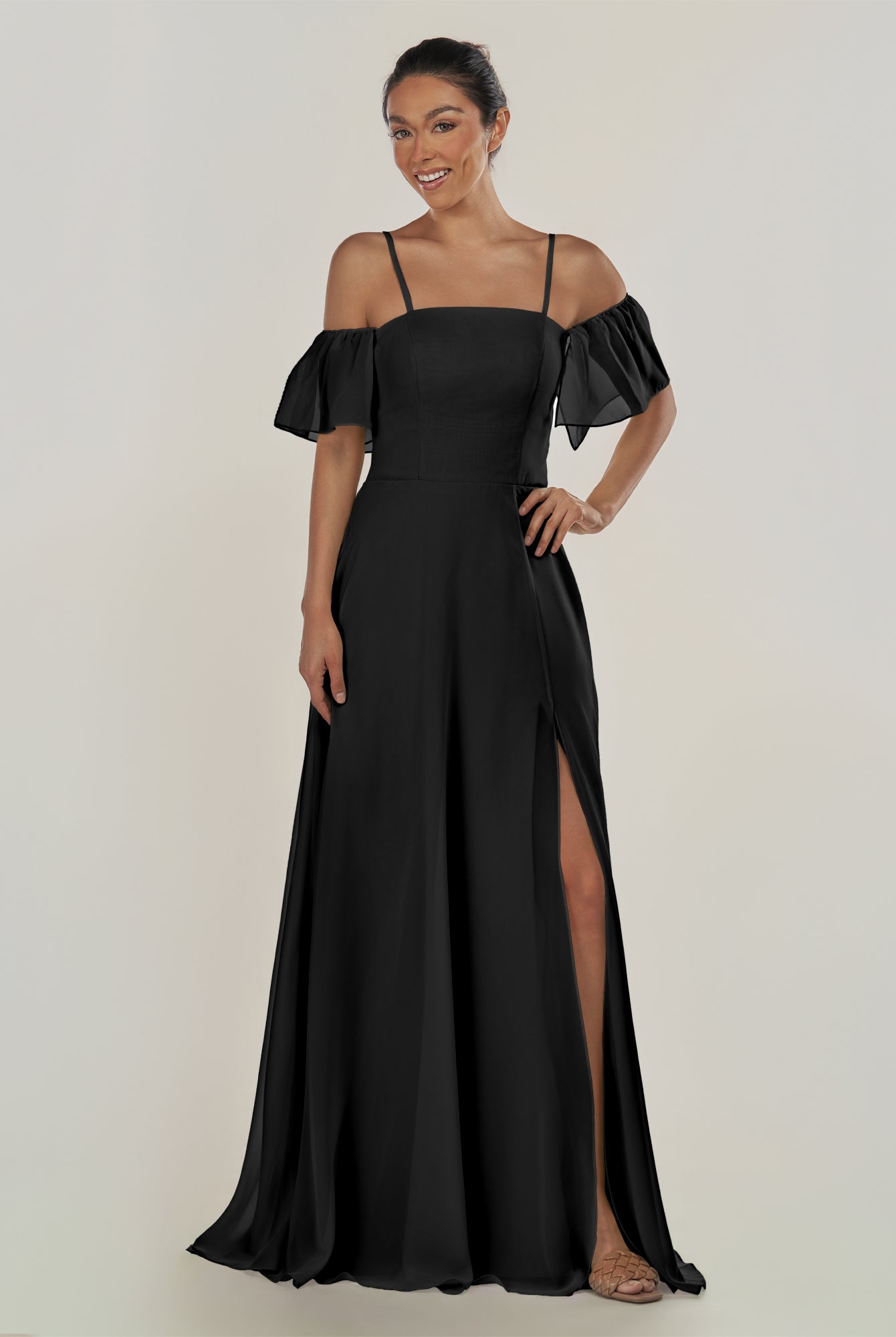 KissDress-Olia Black A Line Chiffon Off the Shoulder Long Bridesmaid Dress with Slit