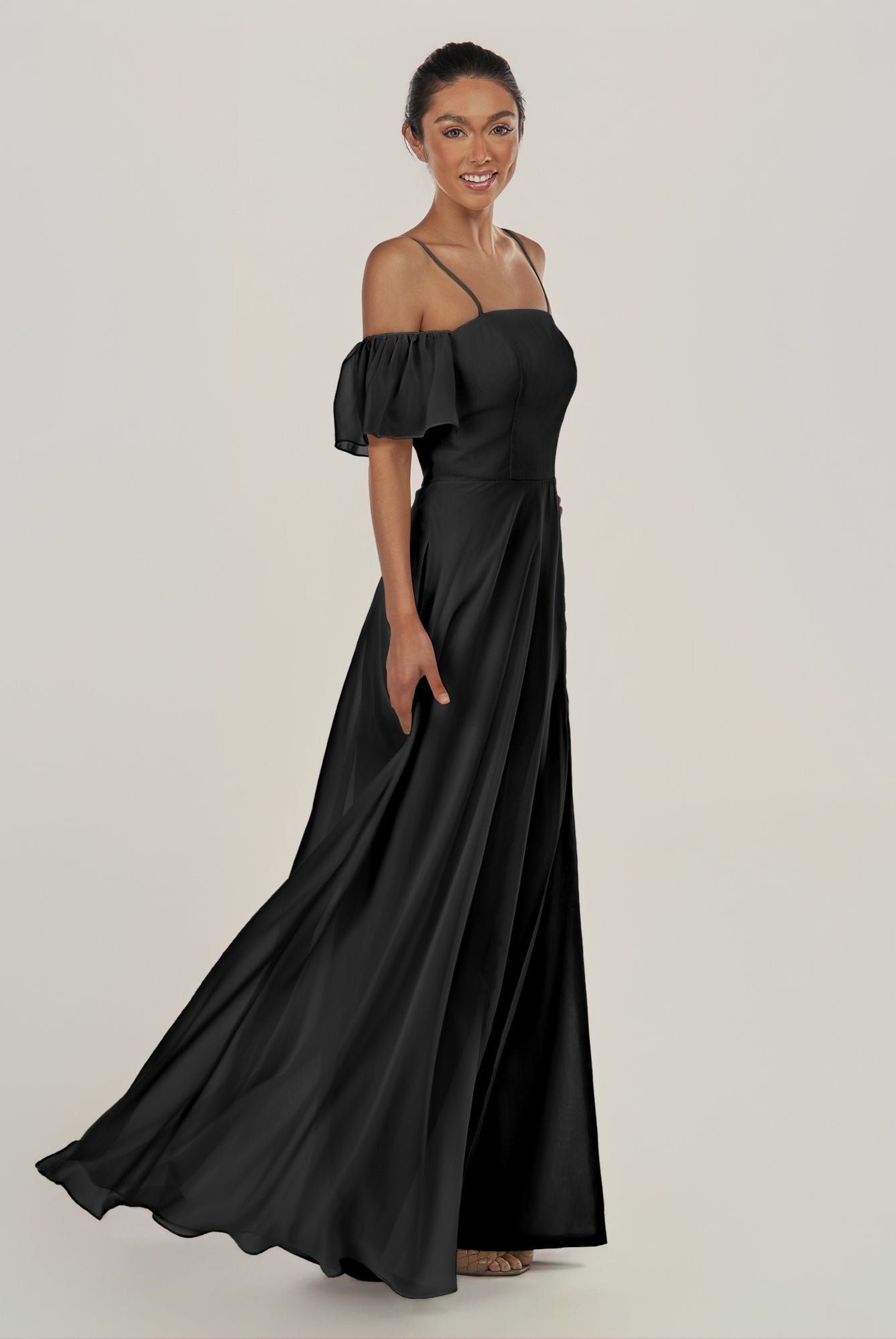 KissDress-Olia Black A Line Chiffon Off the Shoulder Long Bridesmaid Dress with Slit